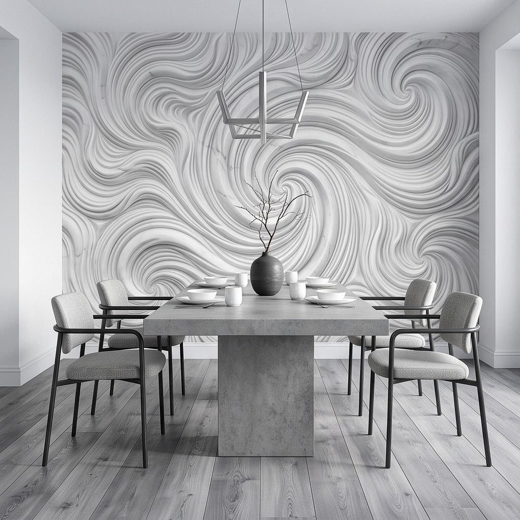 3D White Marble Relief Peel and Stick Wall Mural, Abstract Swirl Wave Texture Modern Minimalist Wallpaper