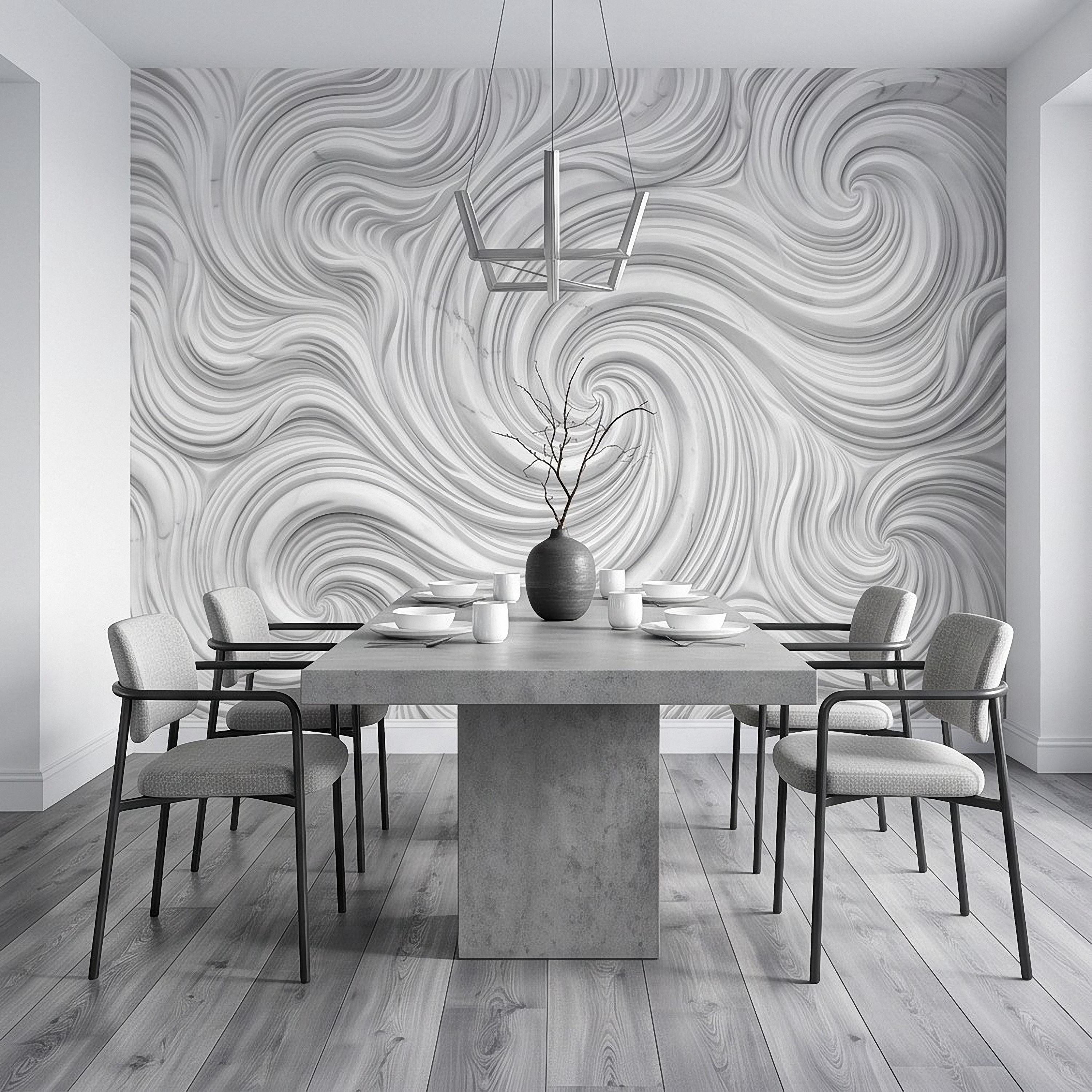 3D White Marble Relief Peel and Stick Wall Mural, Abstract Swirl Wave Texture Modern Minimalist Wallpaper