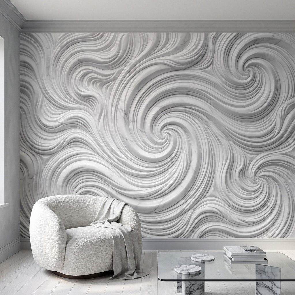 3D White Marble Relief Peel and Stick Wall Mural, Abstract Swirl Wave Texture Modern Minimalist Wallpaper