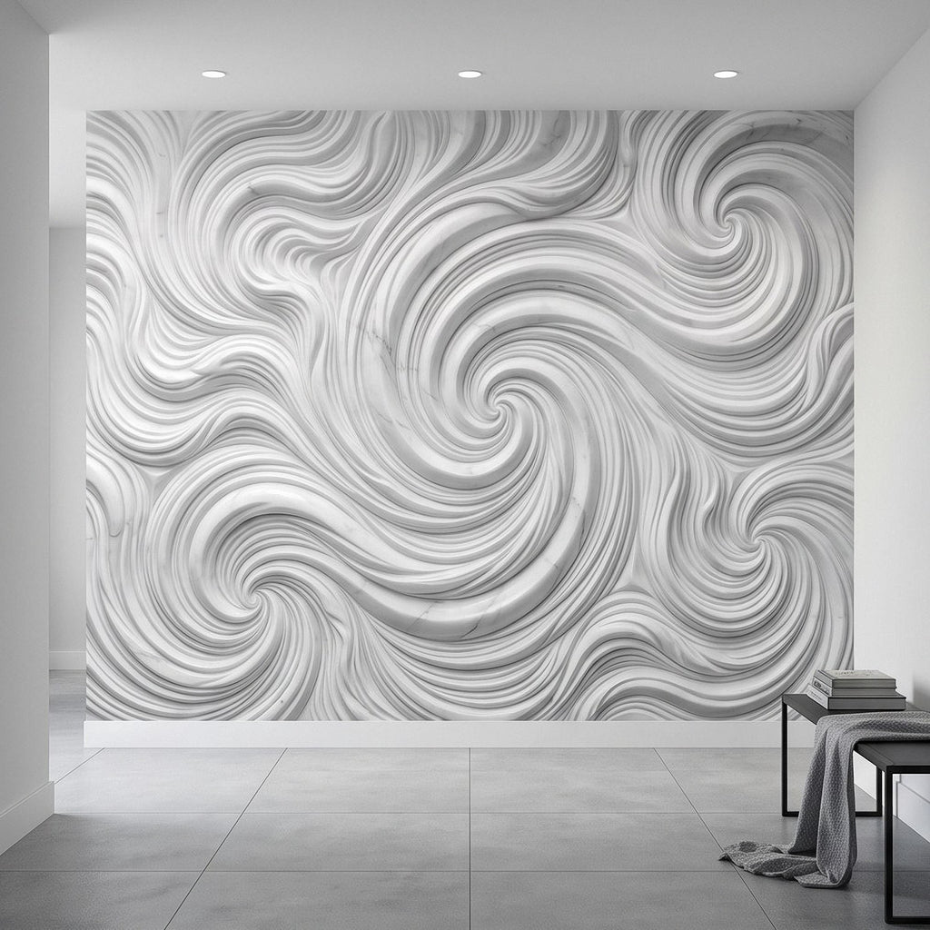 3D White Marble Relief Peel and Stick Wall Mural, Abstract Swirl Wave Texture Modern Minimalist Wallpaper