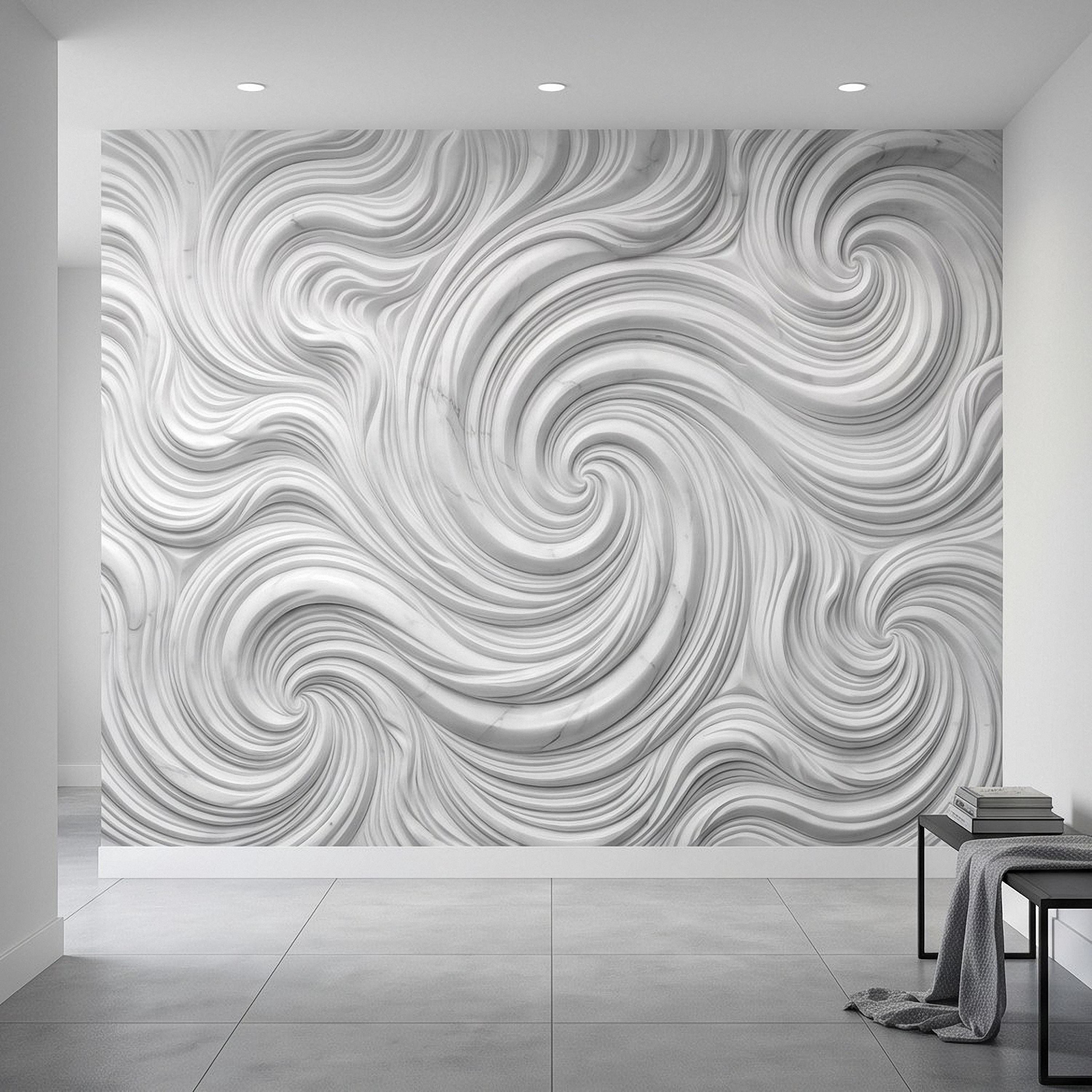 3D White Marble Relief Peel and Stick Wall Mural, Abstract Swirl Wave Texture Modern Minimalist Wallpaper