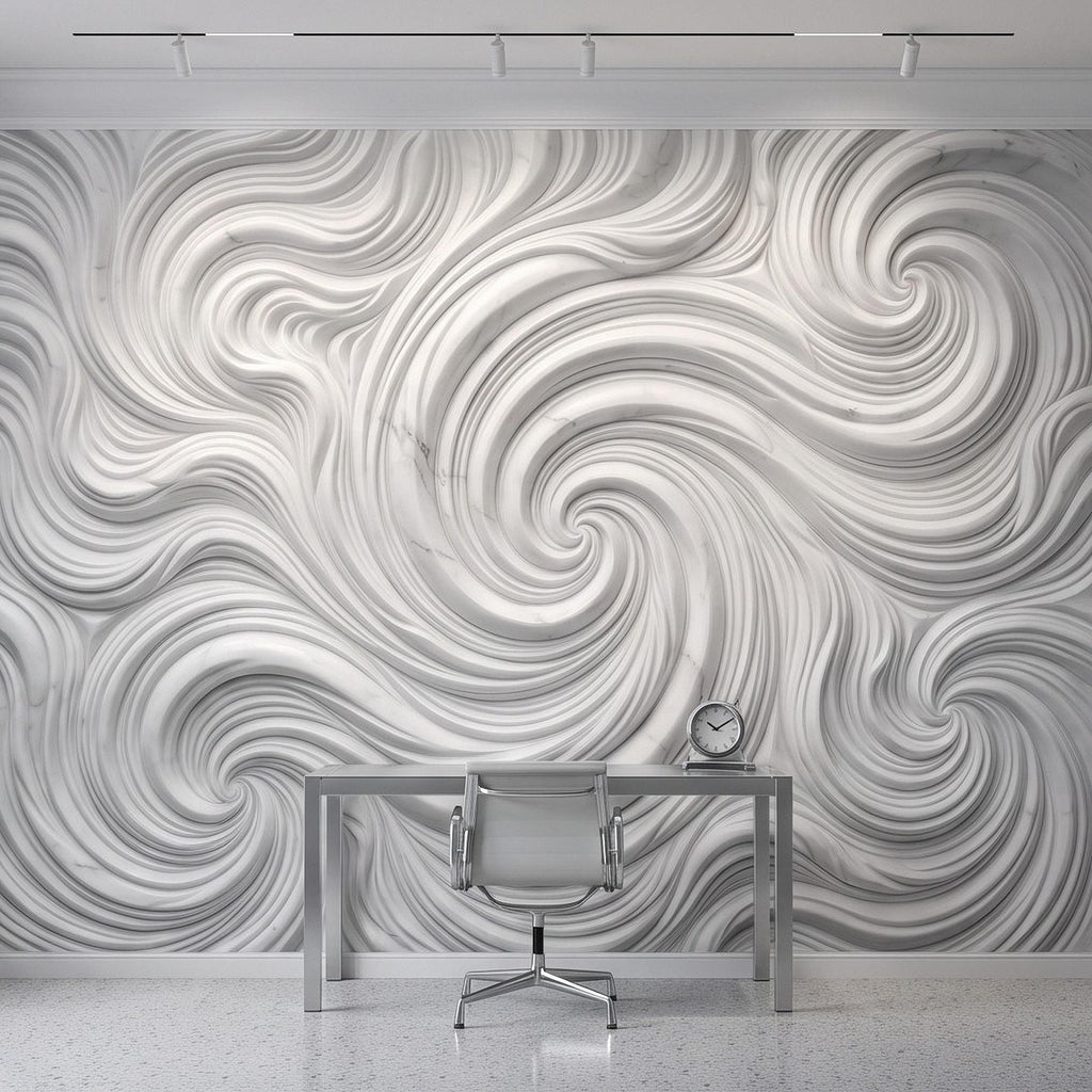 3D White Marble Relief Peel and Stick Wall Mural, Abstract Swirl Wave Texture Modern Minimalist Wallpaper