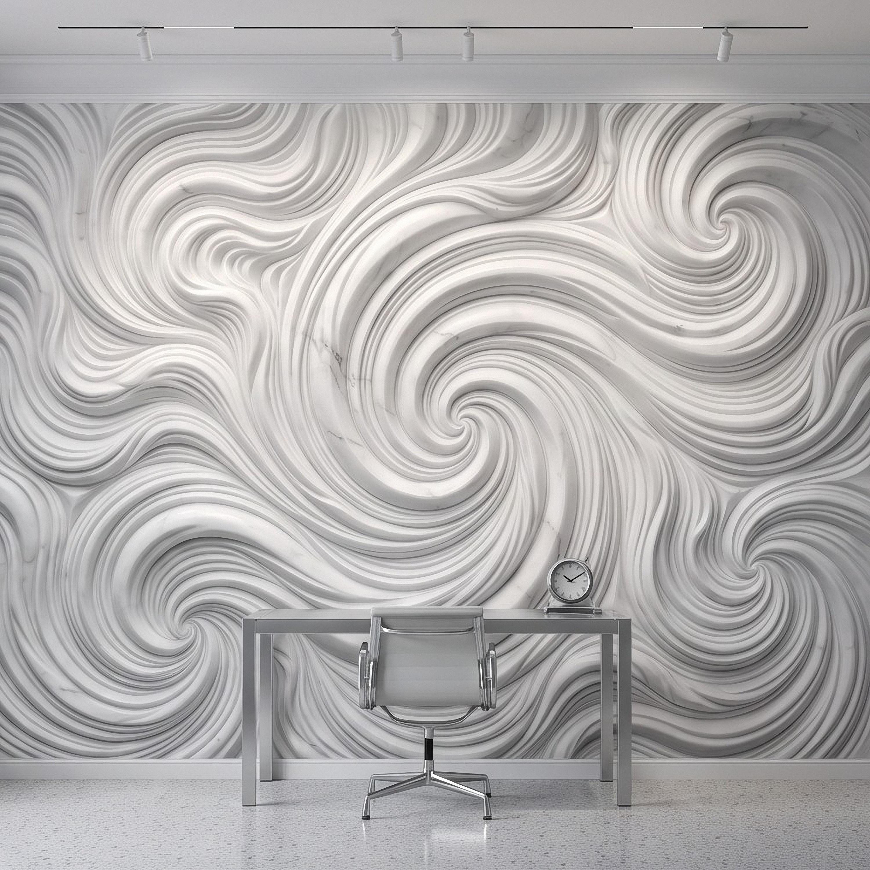 3D White Marble Relief Peel and Stick Wall Mural, Abstract Swirl Wave Texture Modern Minimalist Wallpaper