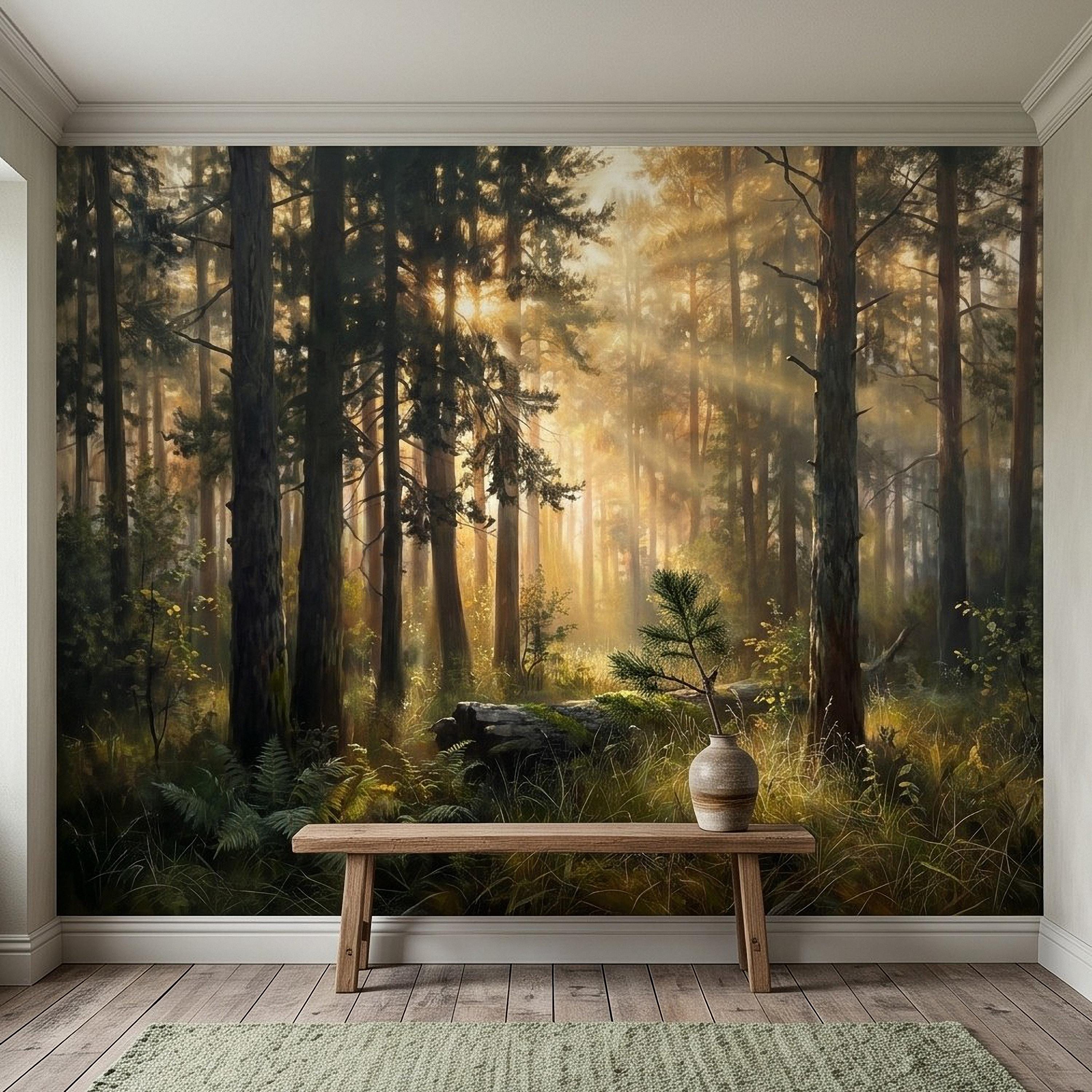 Sunlit Pine Forest Peel and Stick Wall Mural, Golden Light Woodland Landscape Tall Trees Moody Nature Vintage Scenic Painting Wallpaper