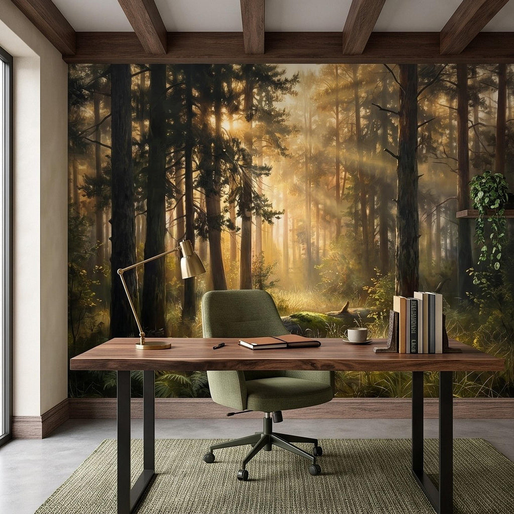 Sunlit Pine Forest Peel and Stick Wall Mural, Golden Light Woodland Landscape Tall Trees Moody Nature Vintage Scenic Painting Wallpaper