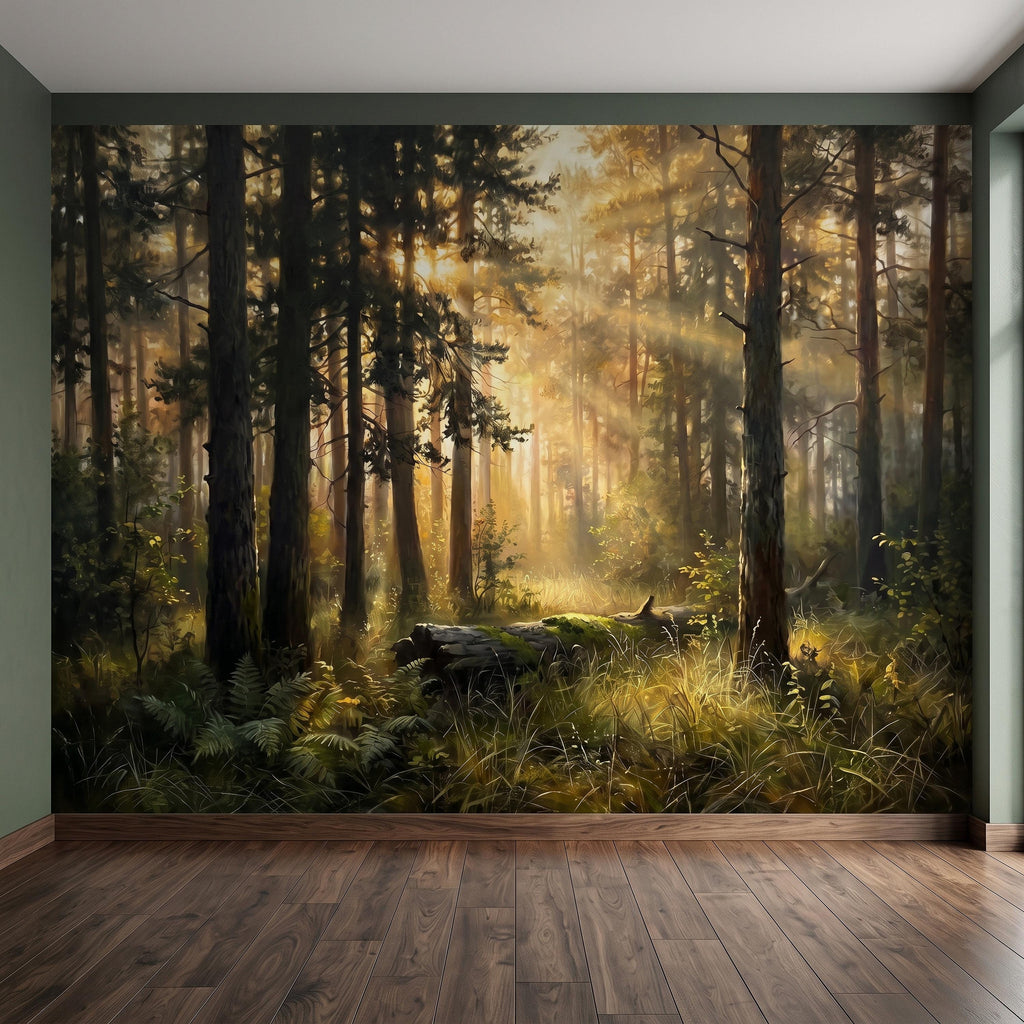 Sunlit Pine Forest Peel and Stick Wall Mural, Golden Light Woodland Landscape Tall Trees Moody Nature Vintage Scenic Painting Wallpaper