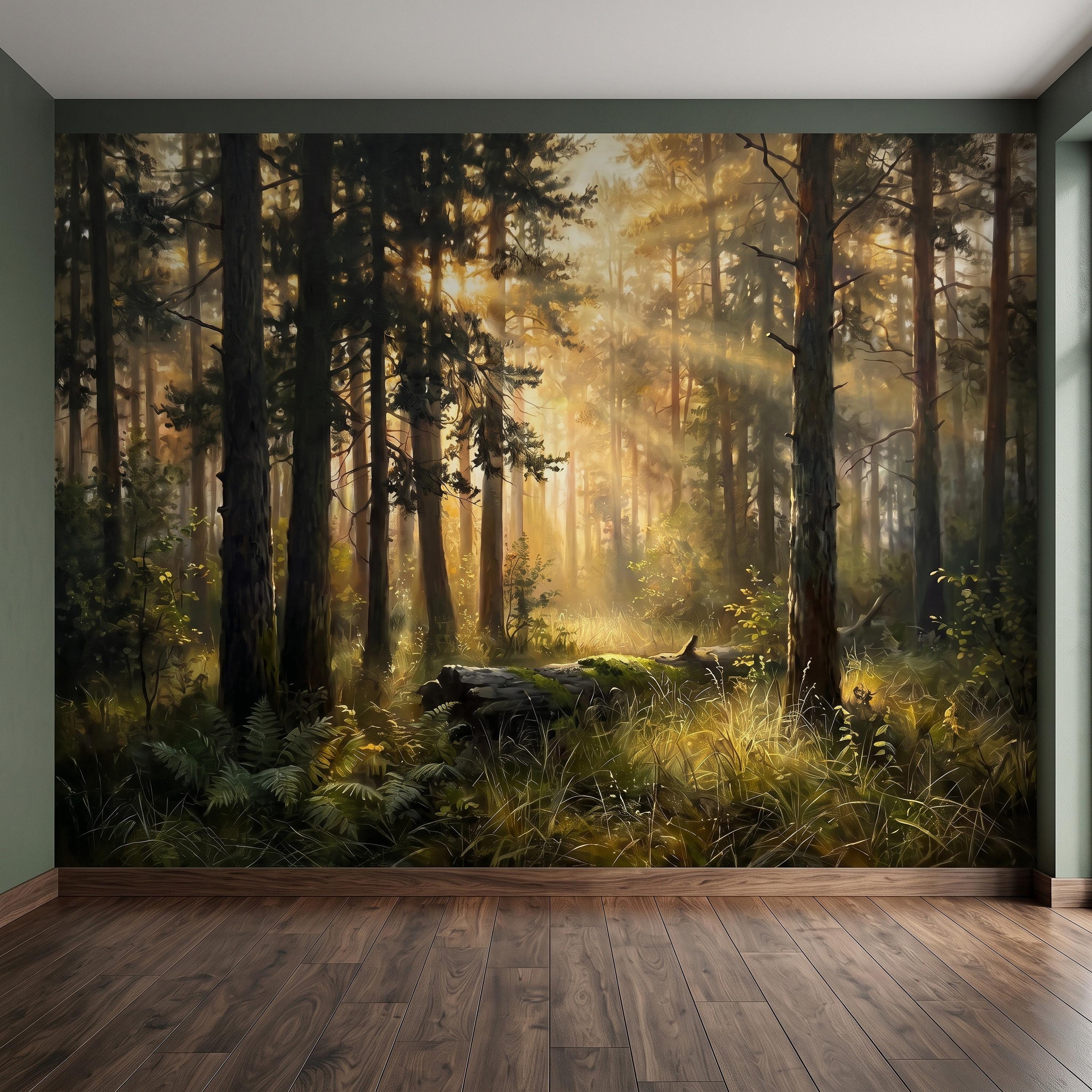 Sunlit Pine Forest Peel and Stick Wall Mural, Golden Light Woodland Landscape Tall Trees Moody Nature Vintage Scenic Painting Wallpaper