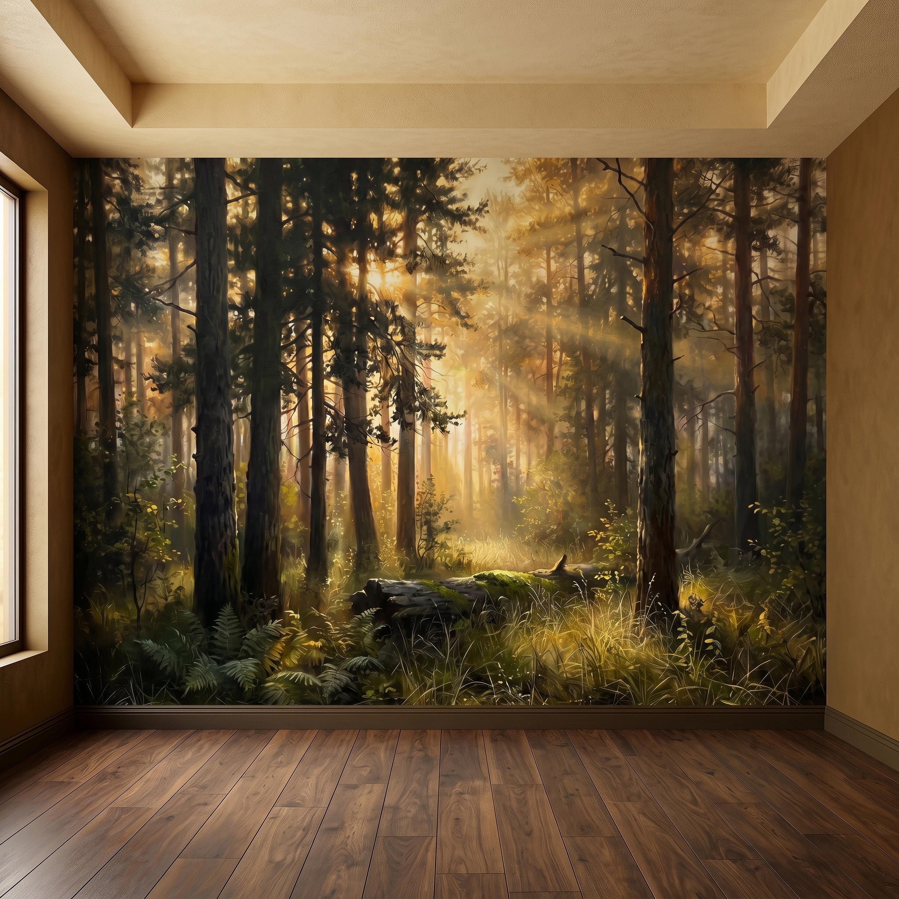 Sunlit Pine Forest Peel and Stick Wall Mural, Golden Light Woodland Landscape Tall Trees Moody Nature Vintage Scenic Painting Wallpaper