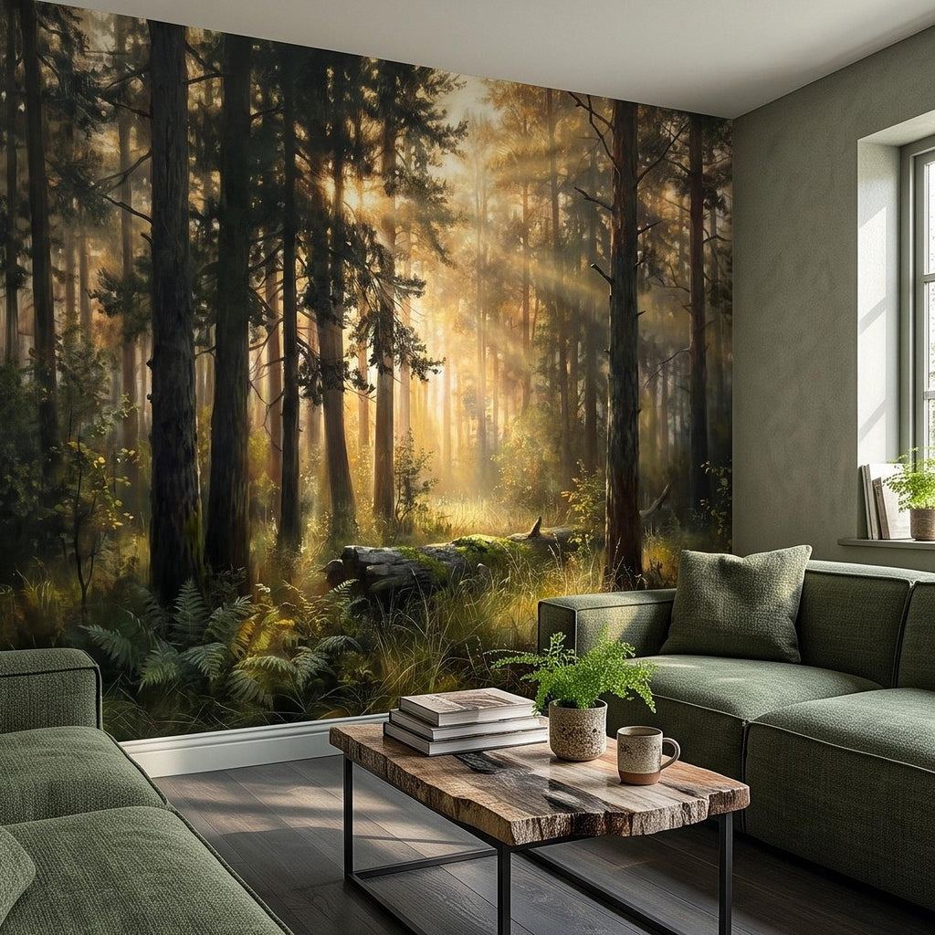 Sunlit Pine Forest Peel and Stick Wall Mural, Golden Light Woodland Landscape Tall Trees Moody Nature Vintage Scenic Painting Wallpaper
