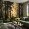Sunlit Pine Forest Peel and Stick Wall Mural, Golden Light Woodland Landscape Tall Trees Moody Nature Vintage Scenic Painting Wallpaper