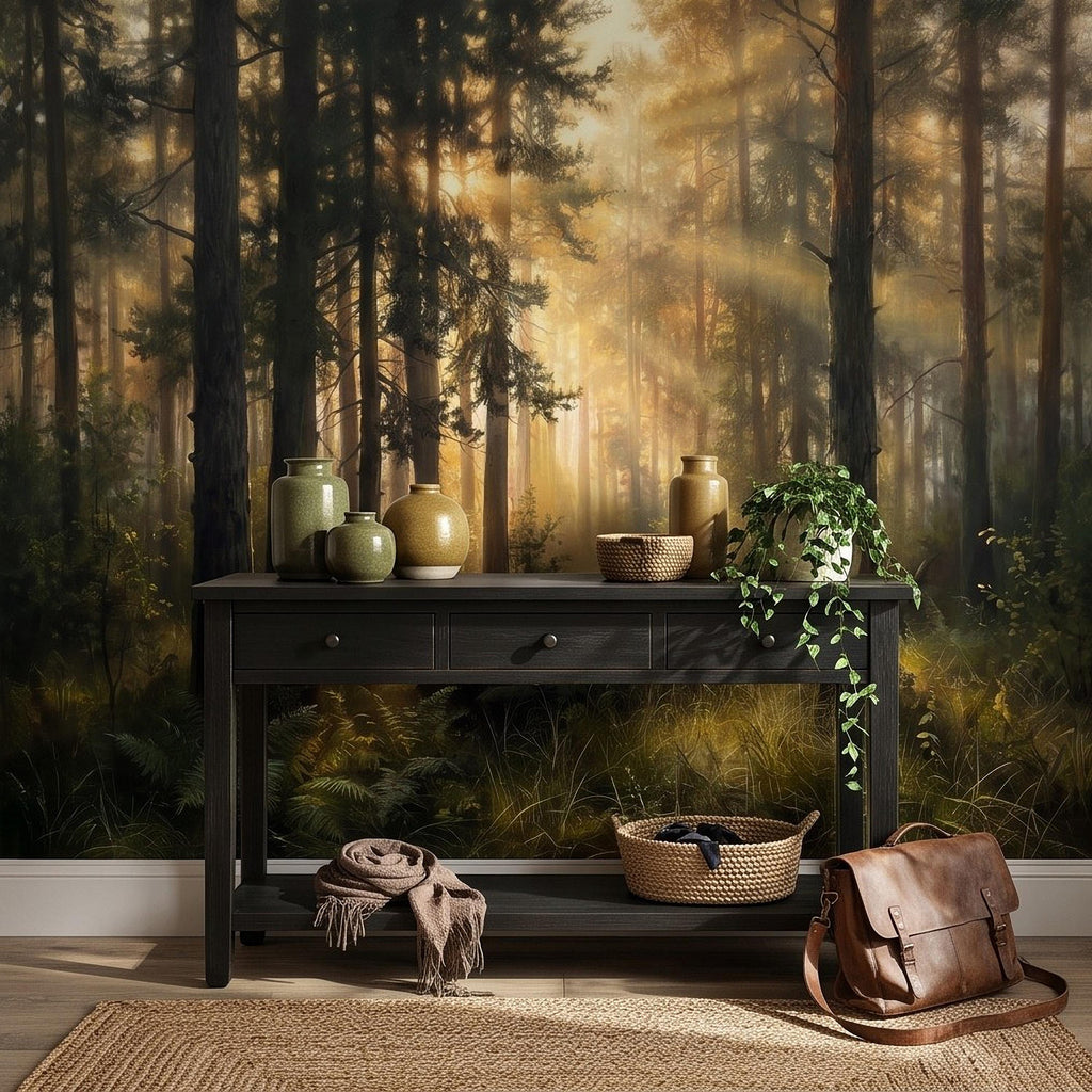 Sunlit Pine Forest Peel and Stick Wall Mural, Golden Light Woodland Landscape Tall Trees Moody Nature Vintage Scenic Painting Wallpaper