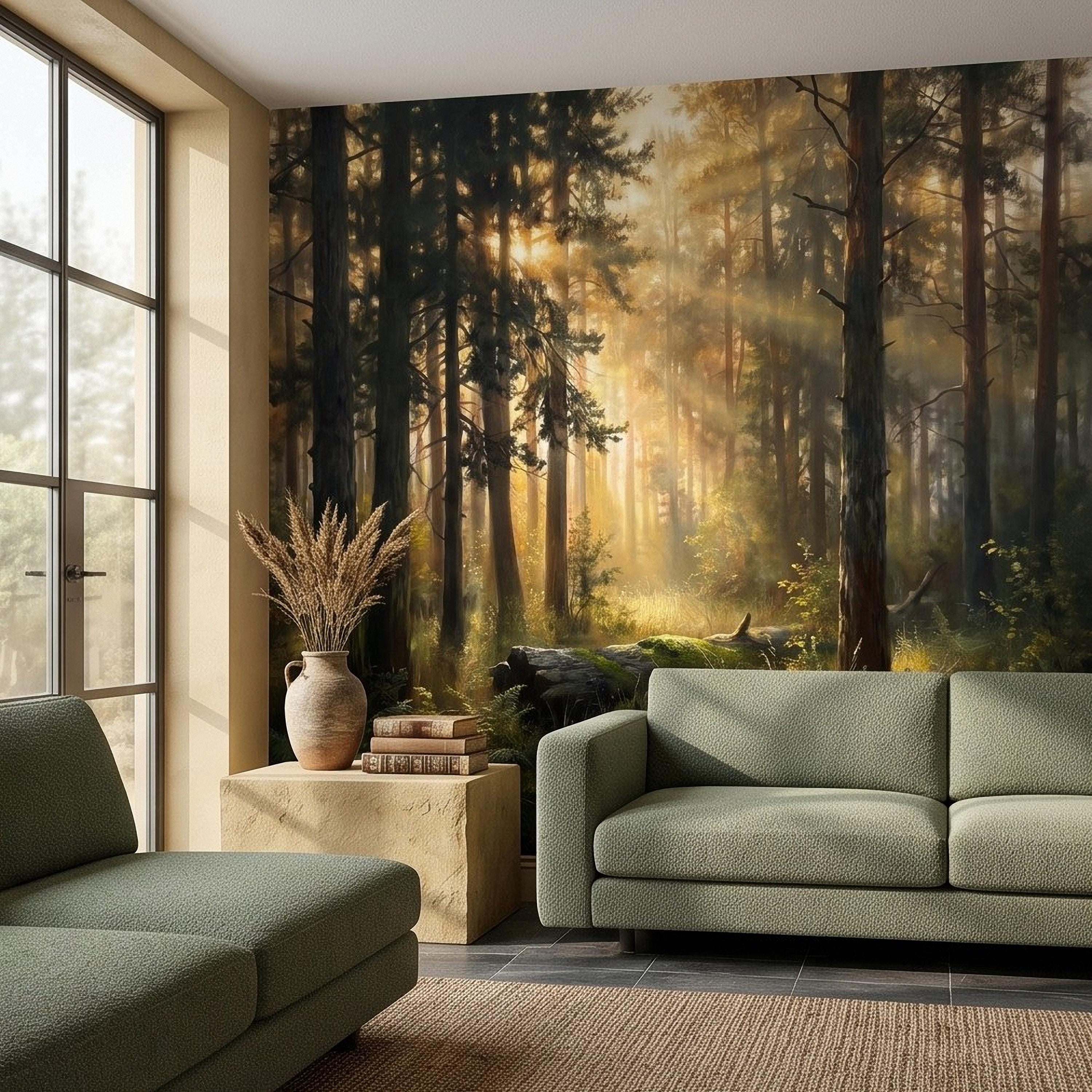 Sunlit Pine Forest Peel and Stick Wall Mural, Golden Light Woodland Landscape Tall Trees Moody Nature Vintage Scenic Painting Wallpaper
