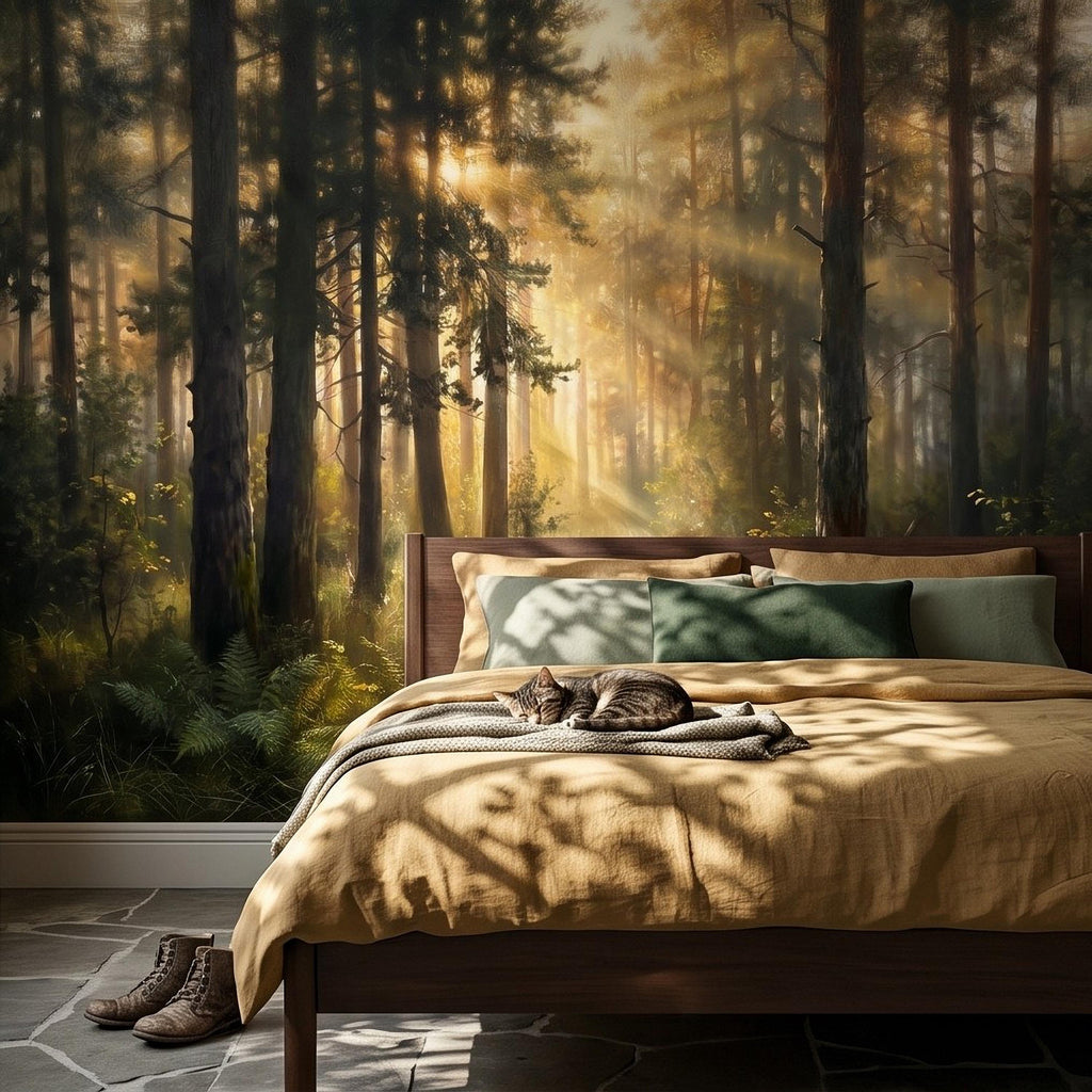 Sunlit Pine Forest Peel and Stick Wall Mural, Golden Light Woodland Landscape Tall Trees Moody Nature Vintage Scenic Painting Wallpaper