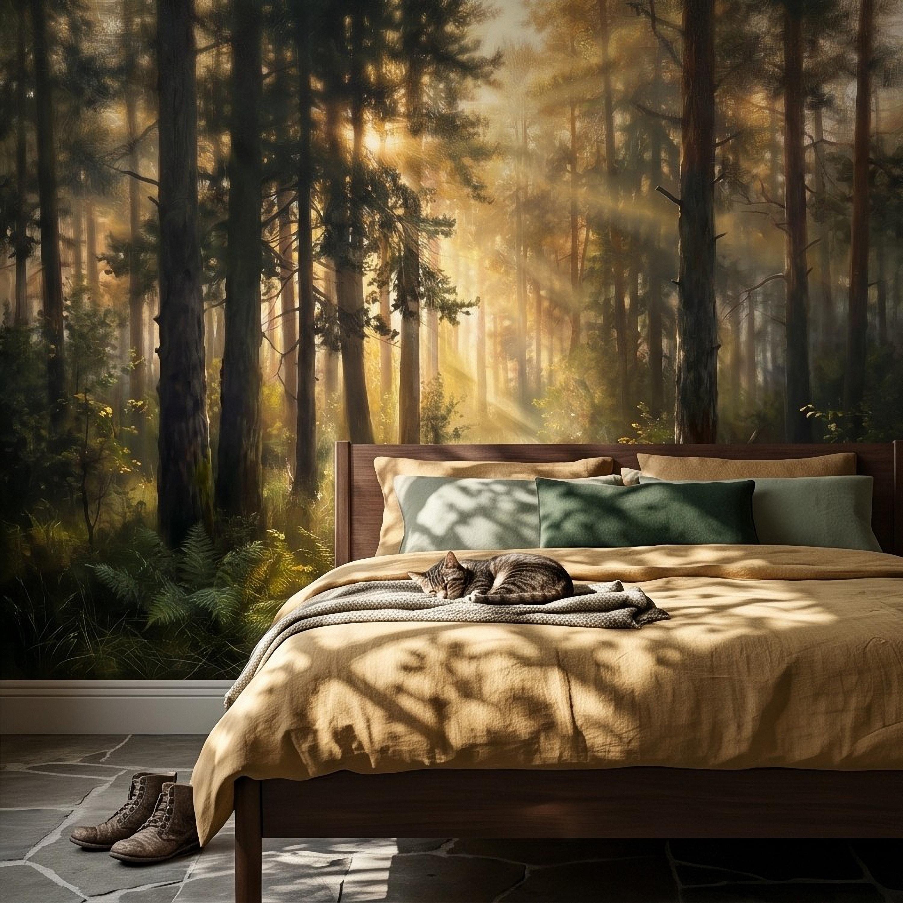 Sunlit Pine Forest Peel and Stick Wall Mural, Golden Light Woodland Landscape Tall Trees Moody Nature Vintage Scenic Painting Wallpaper