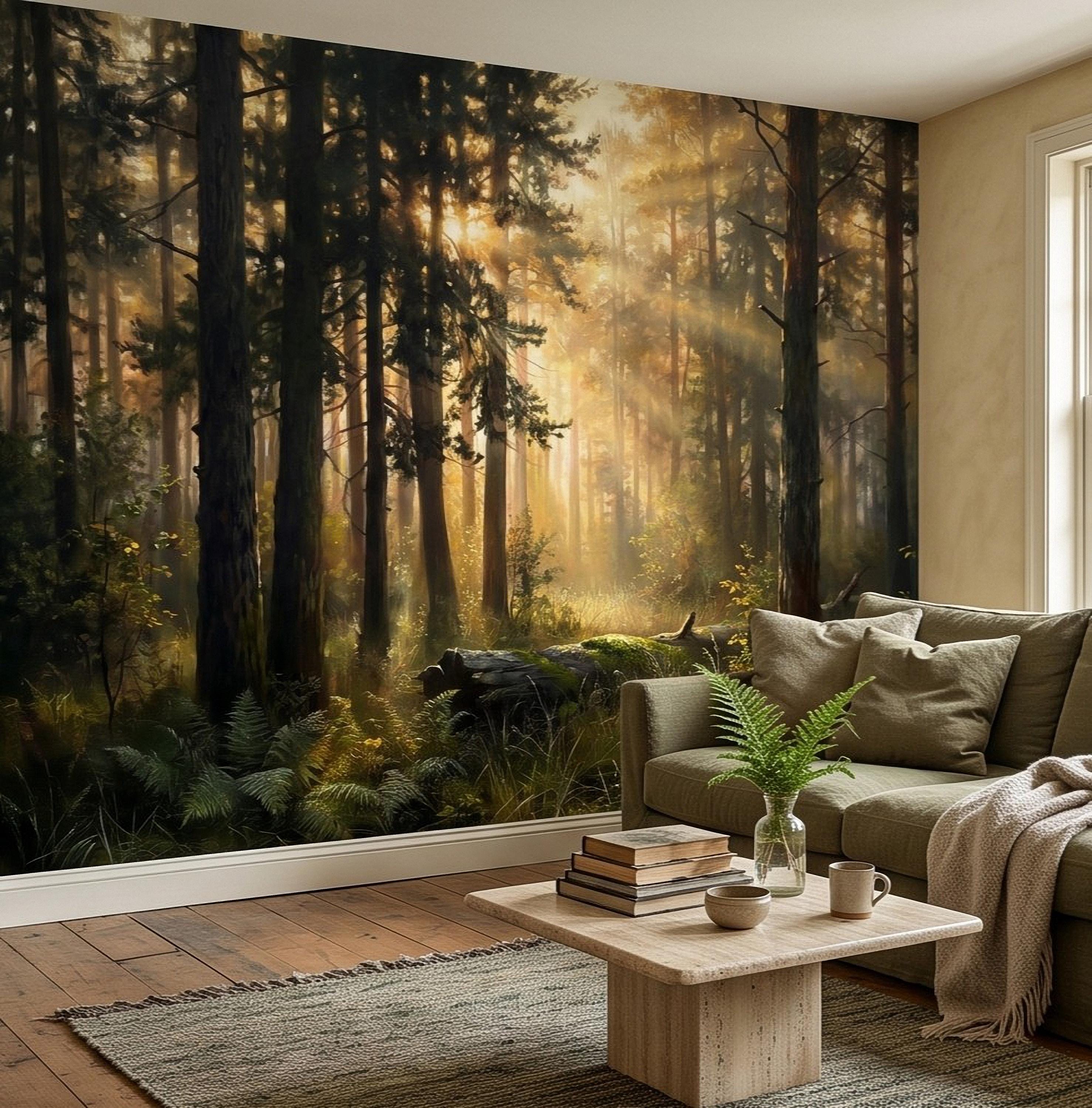 Sunlit Pine Forest Peel and Stick Wall Mural, Golden Light Woodland Landscape Tall Trees Moody Nature Vintage Scenic Painting Wallpaper