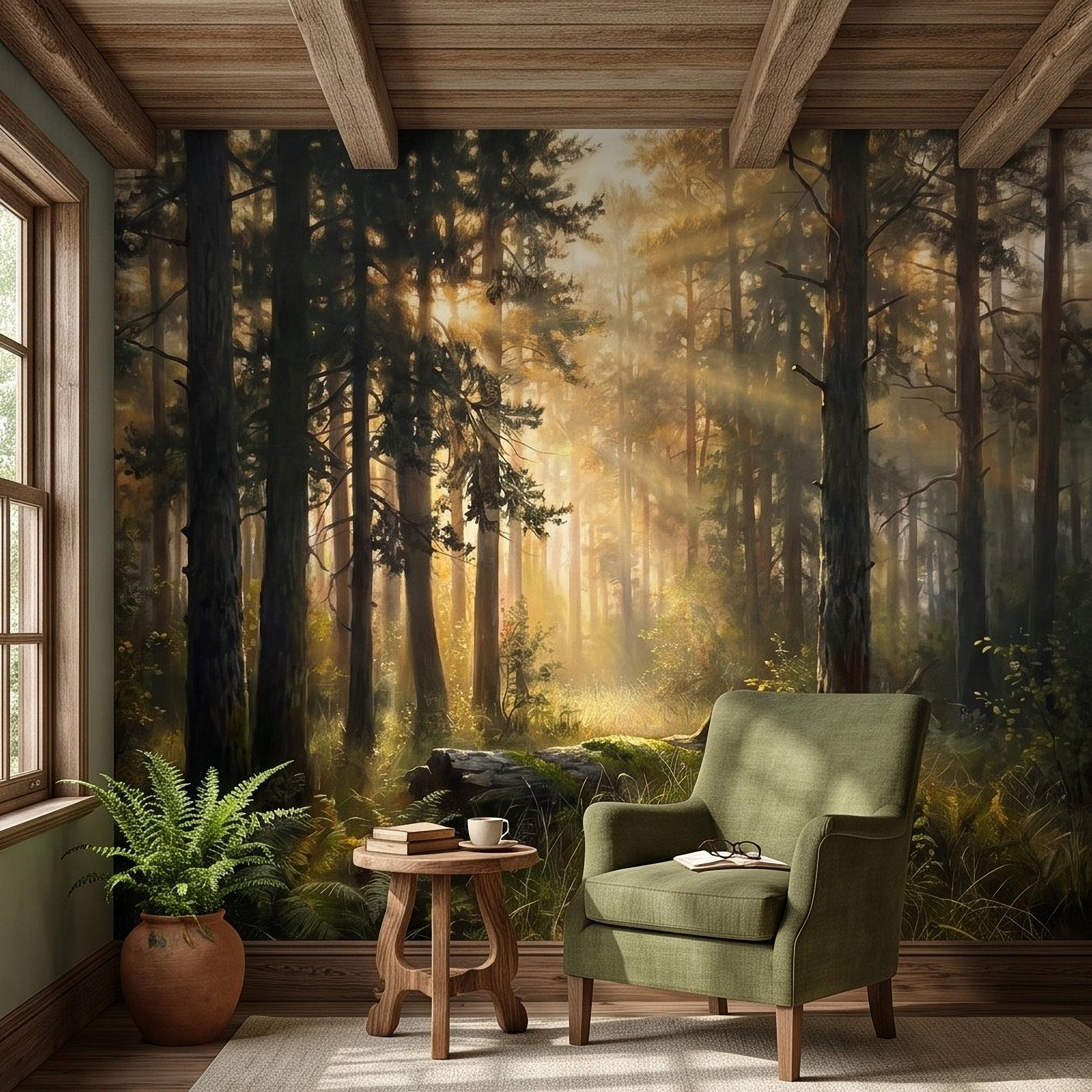 Sunlit Pine Forest Peel and Stick Wall Mural, Golden Light Woodland Landscape Tall Trees Moody Nature Vintage Scenic Painting Wallpaper