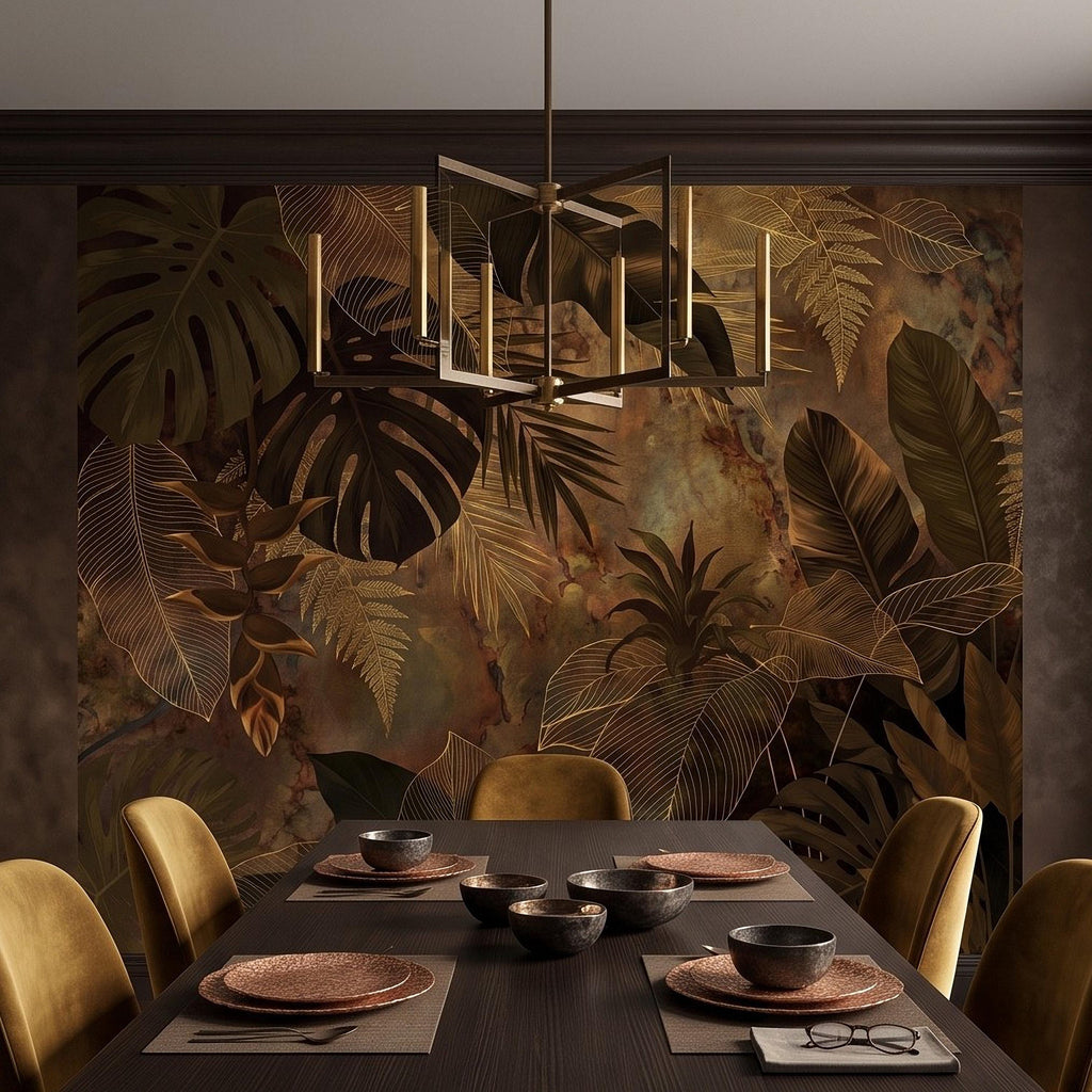 Dark Tropical Botanical Peel and Stick Wall Mural, Gold Leaf Outline Monstera Banana Leaves Luxury Jungle Wallpaper