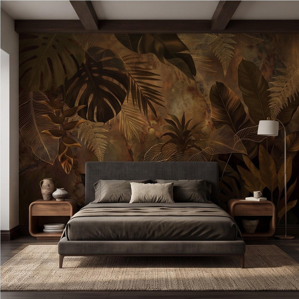 Dark Tropical Botanical Peel and Stick Wall Mural, Gold Leaf Outline Monstera Banana Leaves Luxury Jungle Wallpaper