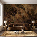 Dark Tropical Botanical Peel and Stick Wall Mural, Gold Leaf Outline Monstera Banana Leaves Luxury Jungle Wallpaper