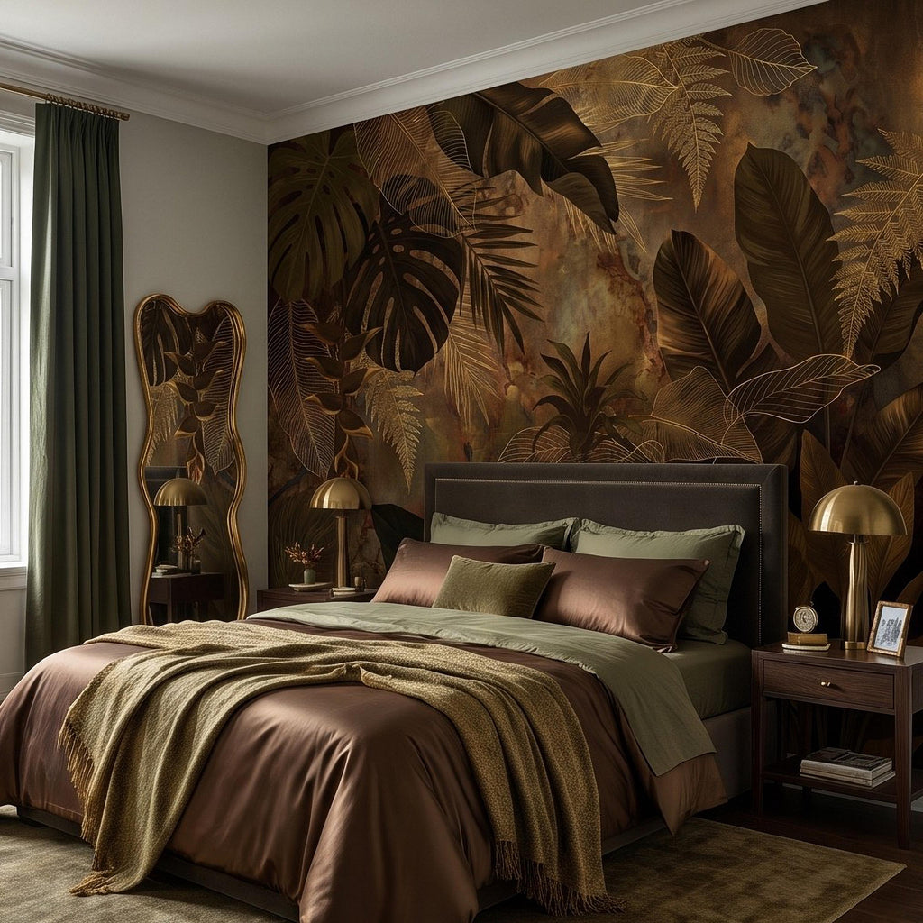 Dark Tropical Botanical Peel and Stick Wall Mural, Gold Leaf Outline Monstera Banana Leaves Luxury Jungle Wallpaper