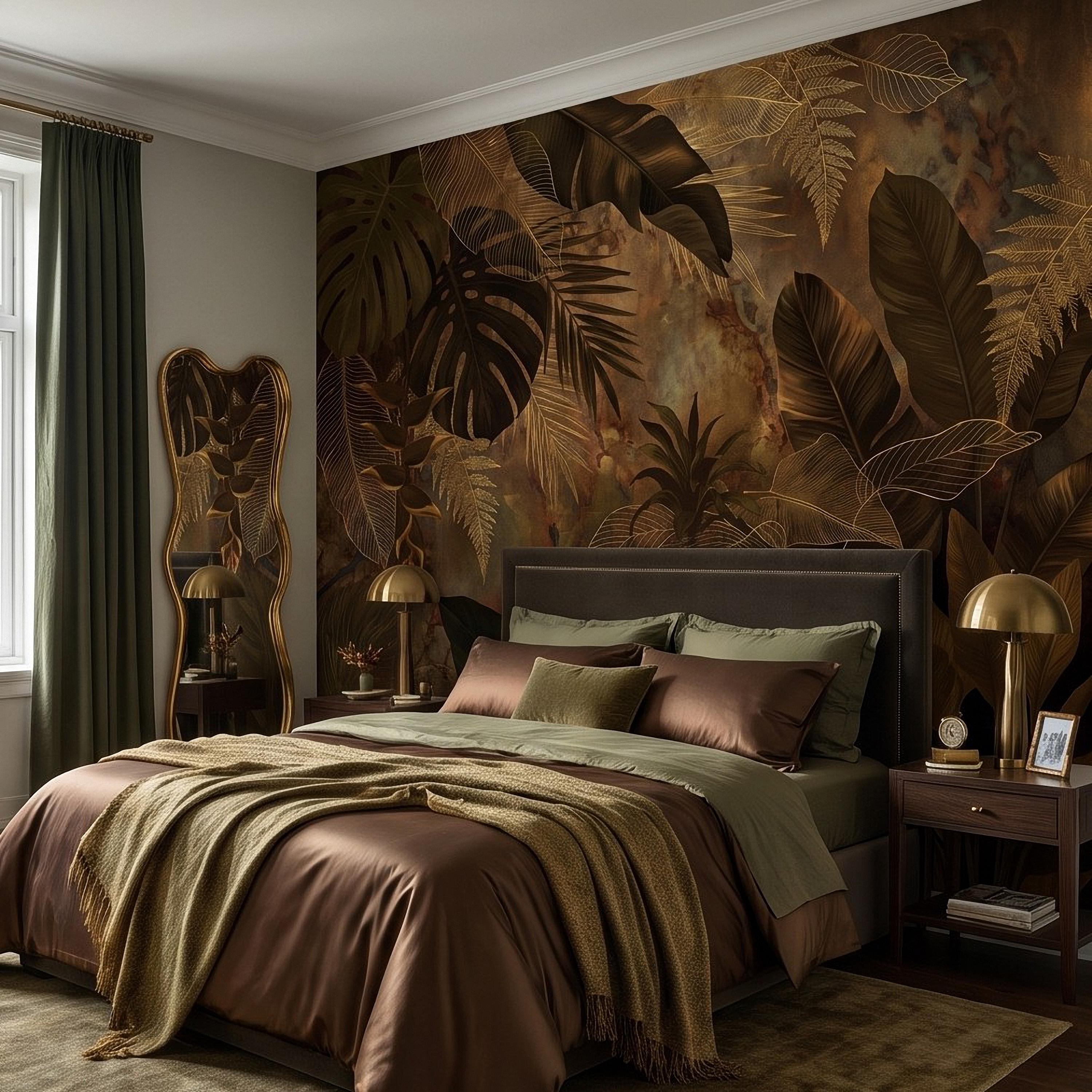 Dark Tropical Botanical Peel and Stick Wall Mural, Gold Leaf Outline Monstera Banana Leaves Luxury Jungle Wallpaper