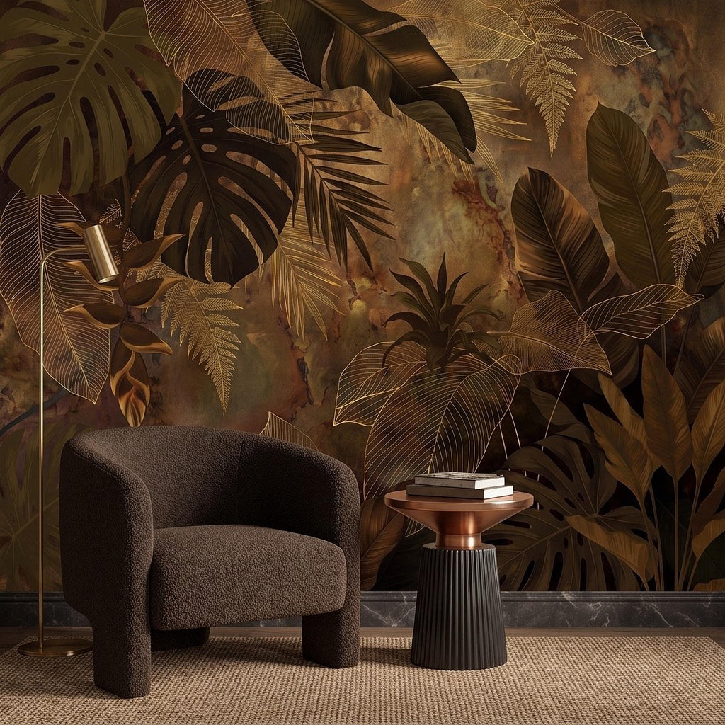 Dark Tropical Botanical Peel and Stick Wall Mural, Gold Leaf Outline Monstera Banana Leaves Luxury Jungle Wallpaper