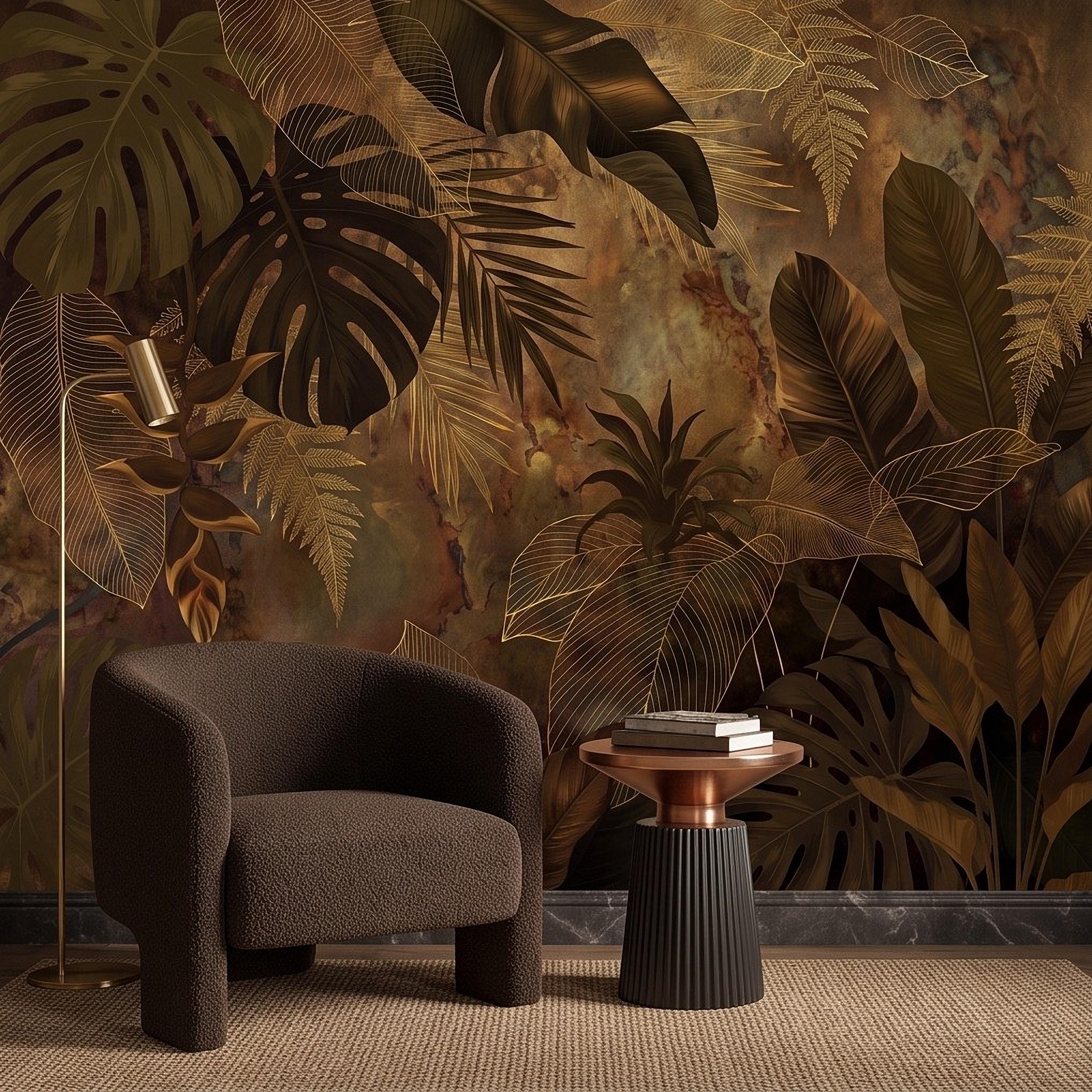 Dark Tropical Botanical Peel and Stick Wall Mural, Gold Leaf Outline Monstera Banana Leaves Luxury Jungle Wallpaper