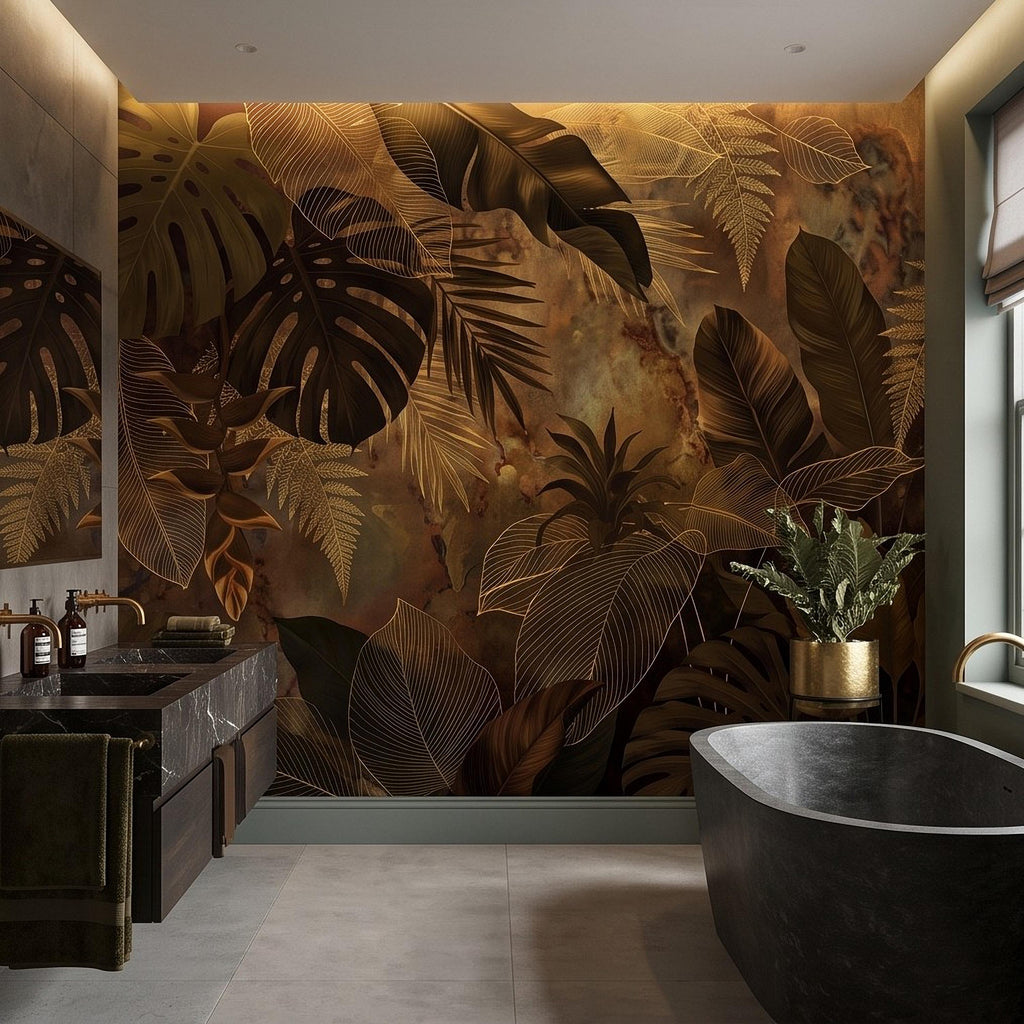 Dark Tropical Botanical Peel and Stick Wall Mural, Gold Leaf Outline Monstera Banana Leaves Luxury Jungle Wallpaper