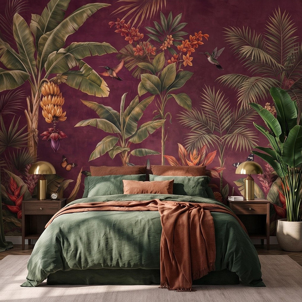 Tropical Botanical Peel and Stick Wall Mural, Burgundy Banana Palm Trees Birds Butterflies Exotic Floral Jungle Wallpaper