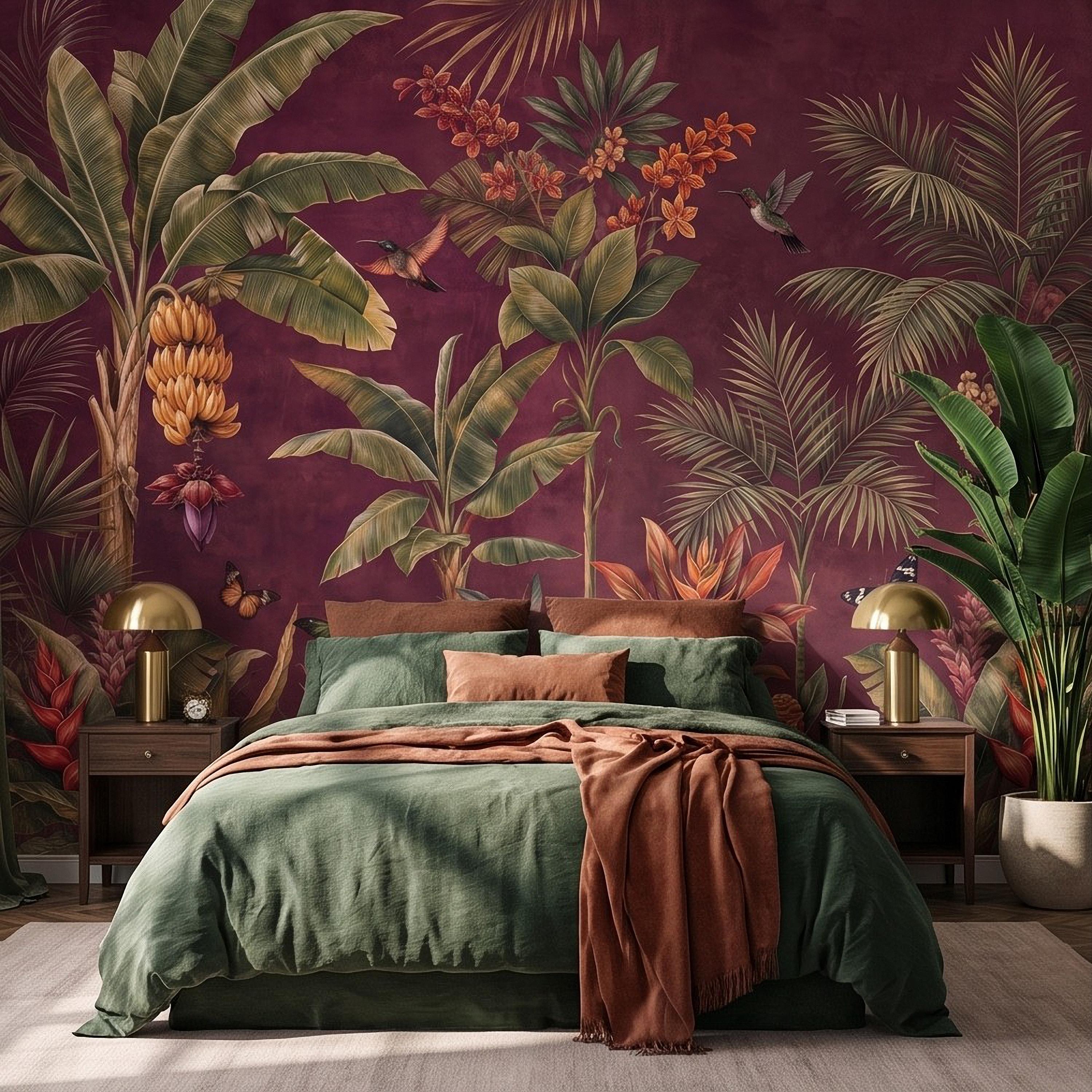 Tropical Botanical Peel and Stick Wall Mural, Burgundy Banana Palm Trees Birds Butterflies Exotic Floral Jungle Wallpaper