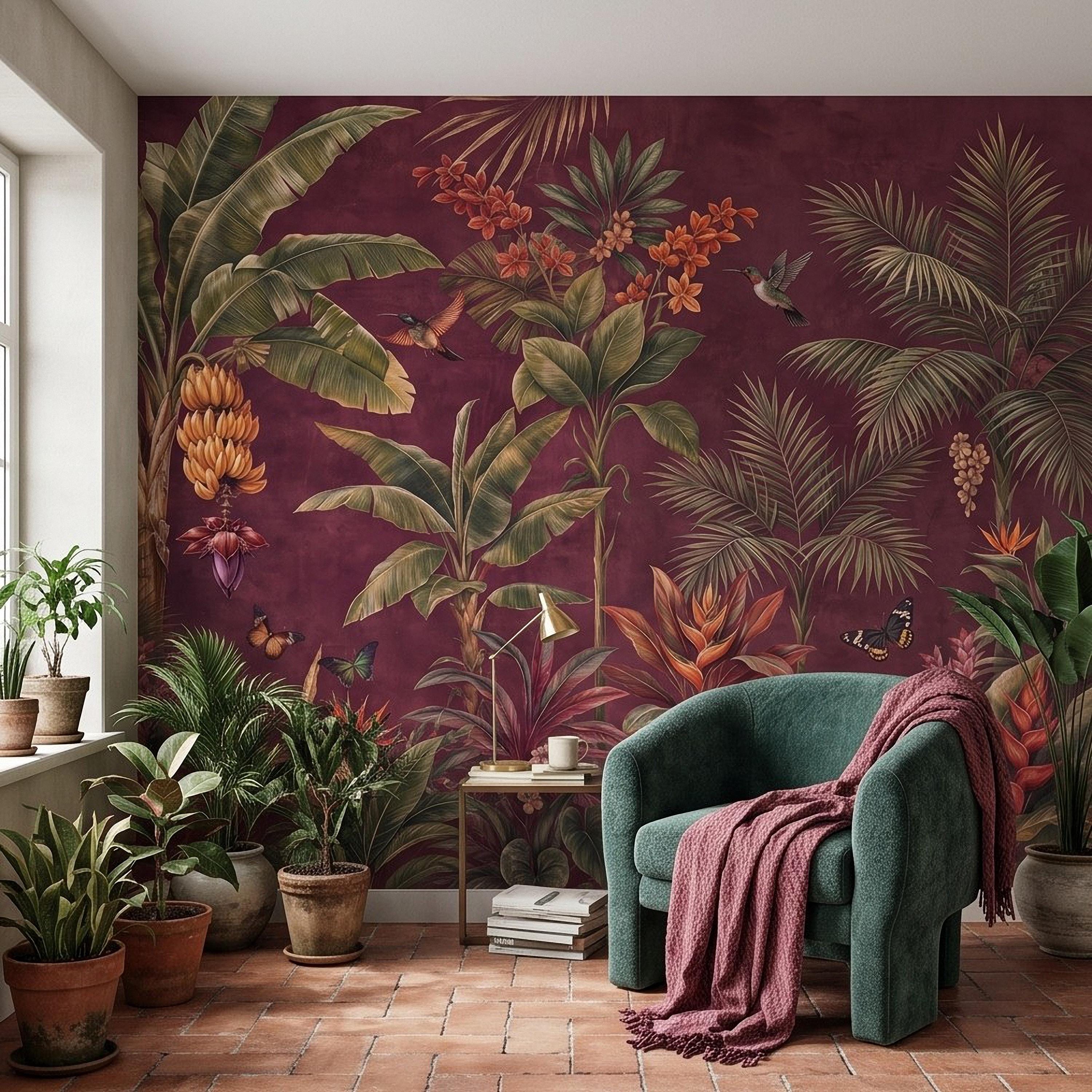 Tropical Botanical Peel and Stick Wall Mural, Burgundy Banana Palm Trees Birds Butterflies Exotic Floral Jungle Wallpaper