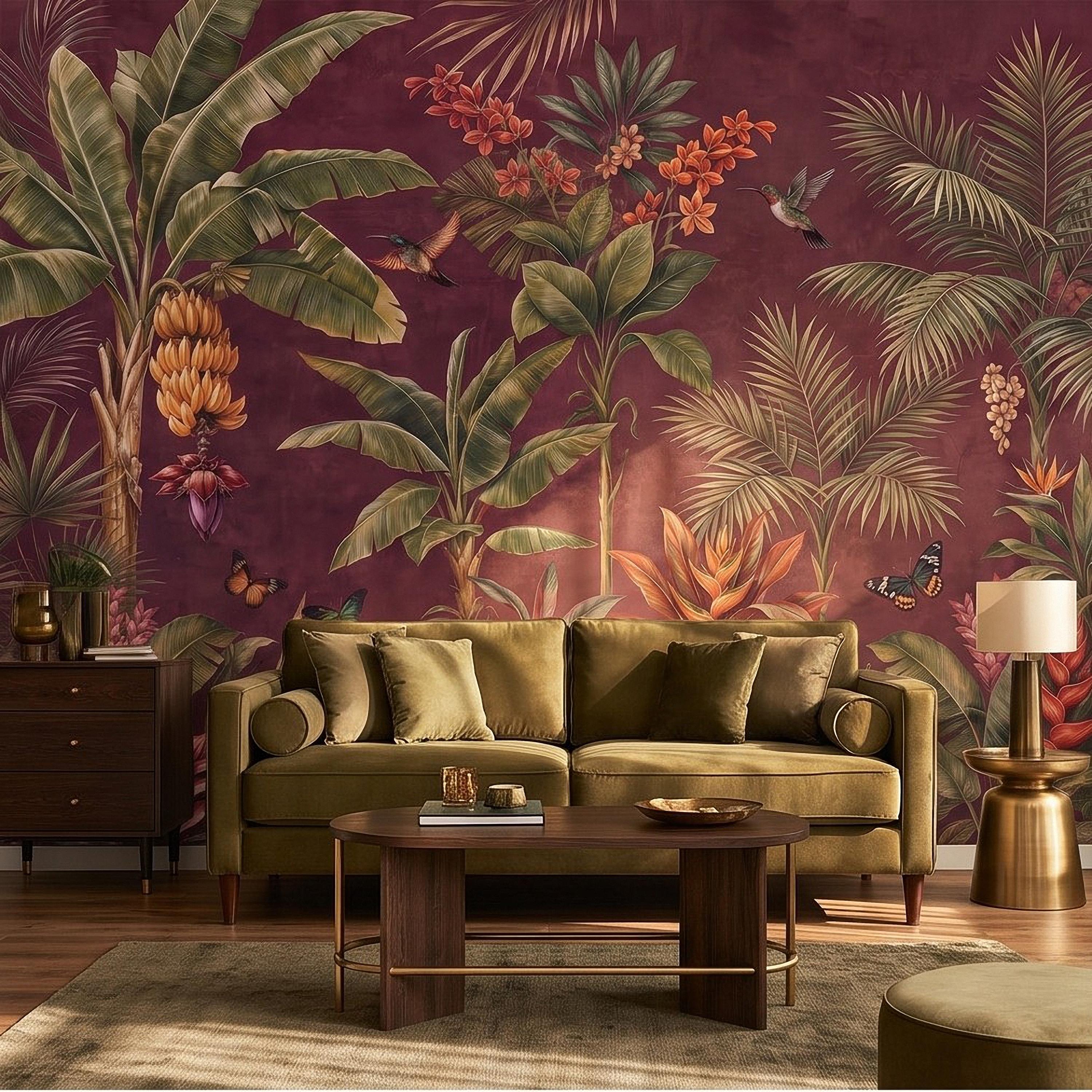 Tropical Botanical Peel and Stick Wall Mural, Burgundy Banana Palm Trees Birds Butterflies Exotic Floral Jungle Wallpaper