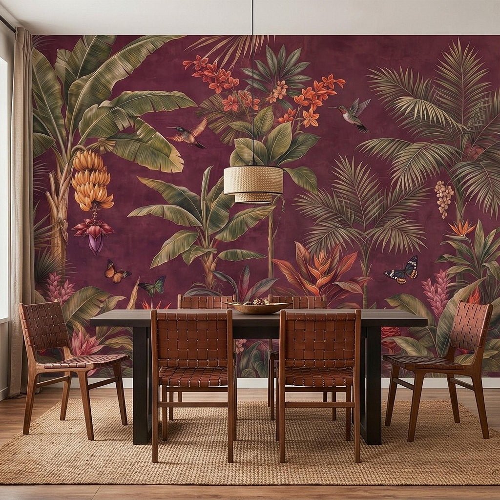 Tropical Botanical Peel and Stick Wall Mural, Burgundy Banana Palm Trees Birds Butterflies Exotic Floral Jungle Wallpaper