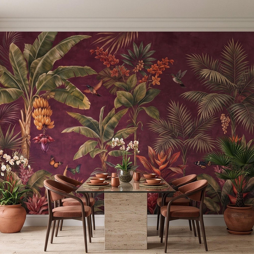 Tropical Botanical Peel and Stick Wall Mural, Burgundy Banana Palm Trees Birds Butterflies Exotic Floral Jungle Wallpaper