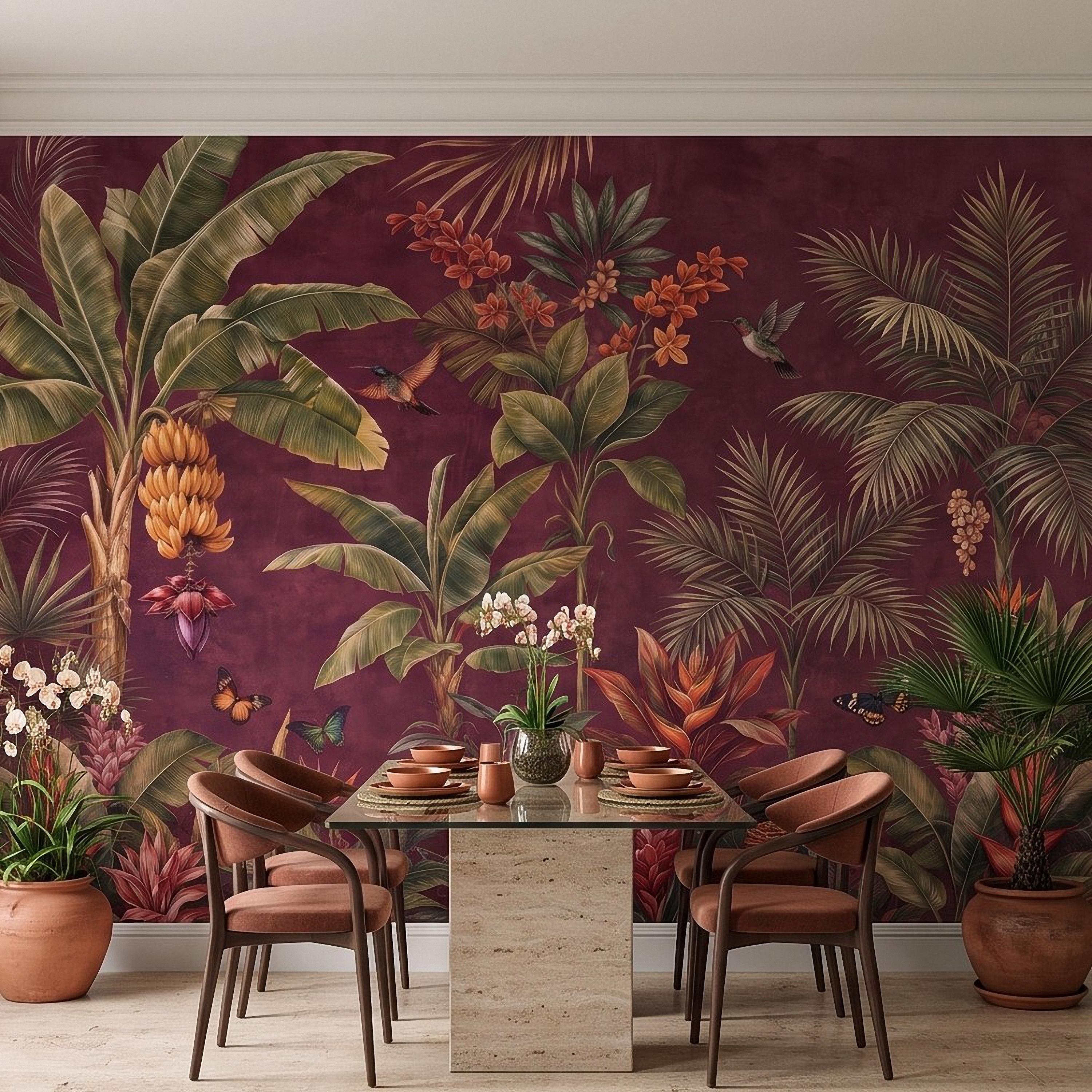 Tropical Botanical Peel and Stick Wall Mural, Burgundy Banana Palm Trees Birds Butterflies Exotic Floral Jungle Wallpaper