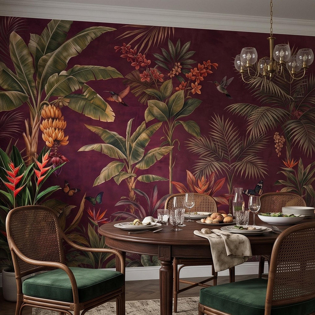 Tropical Botanical Peel and Stick Wall Mural, Burgundy Banana Palm Trees Birds Butterflies Exotic Floral Jungle Wallpaper