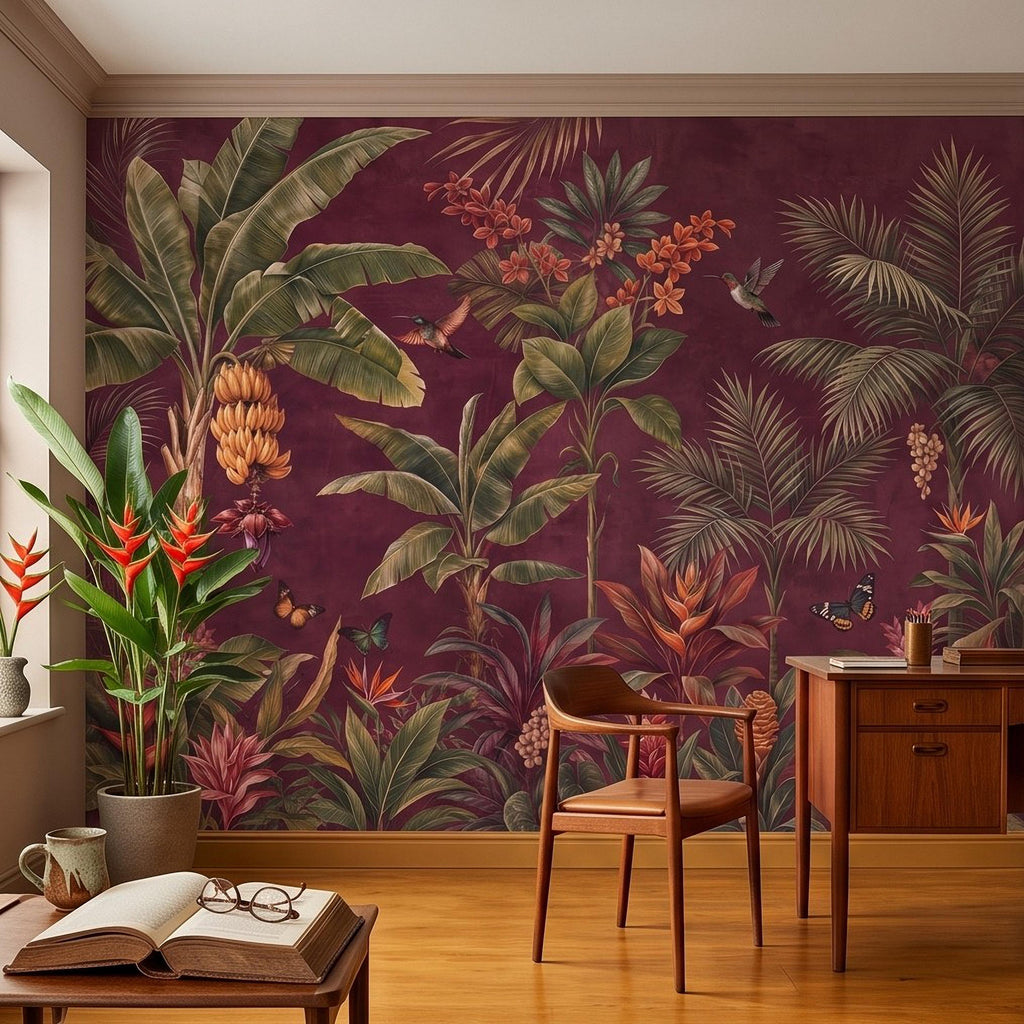 Tropical Botanical Peel and Stick Wall Mural, Burgundy Banana Palm Trees Birds Butterflies Exotic Floral Jungle Wallpaper