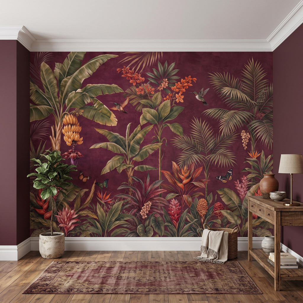Tropical Botanical Peel and Stick Wall Mural, Burgundy Banana Palm Trees Birds Butterflies Exotic Floral Jungle Wallpaper