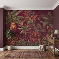 Tropical Botanical Peel and Stick Wall Mural, Burgundy Banana Palm Trees Birds Butterflies Exotic Floral Jungle Wallpaper