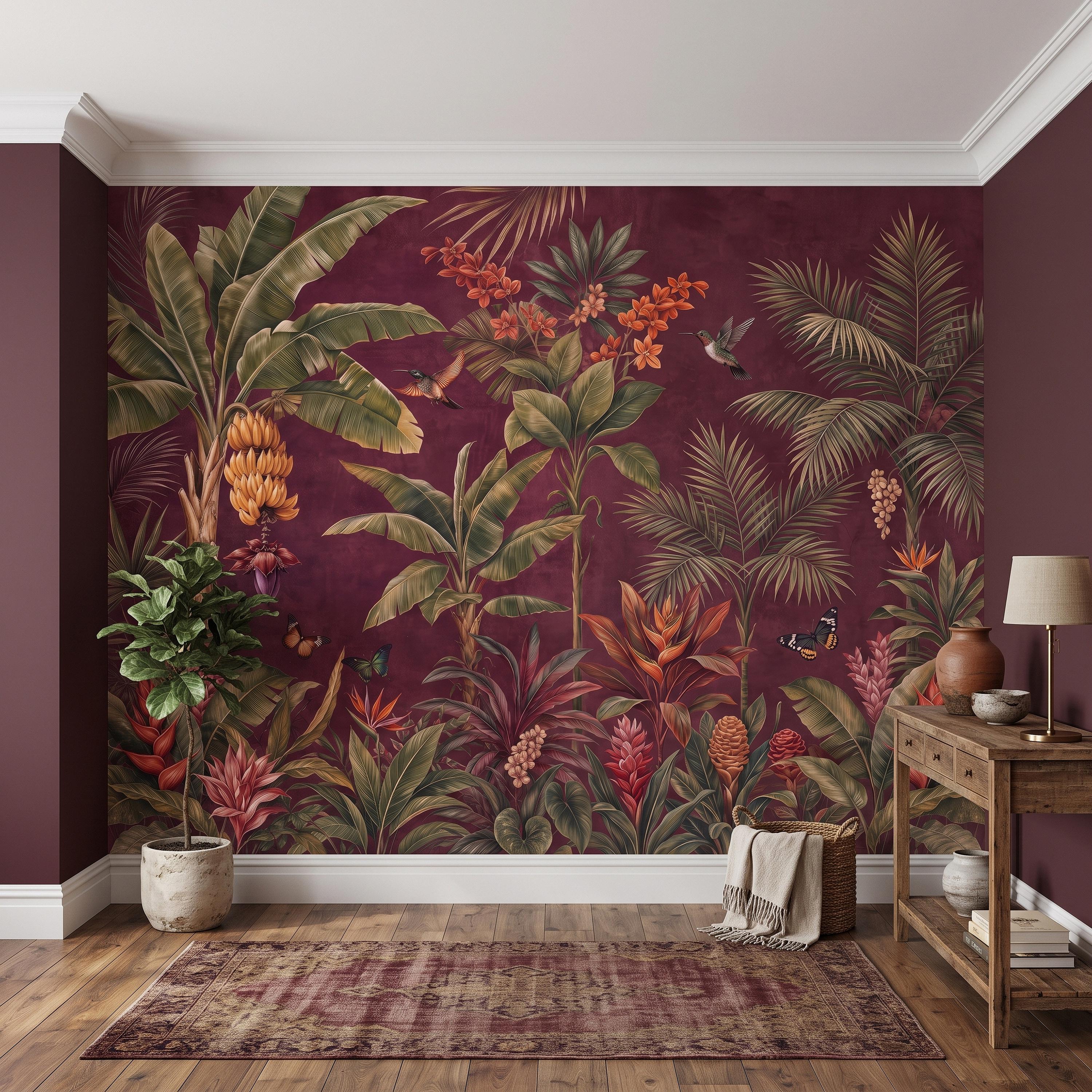 Tropical Botanical Peel and Stick Wall Mural, Burgundy Banana Palm Trees Birds Butterflies Exotic Floral Jungle Wallpaper