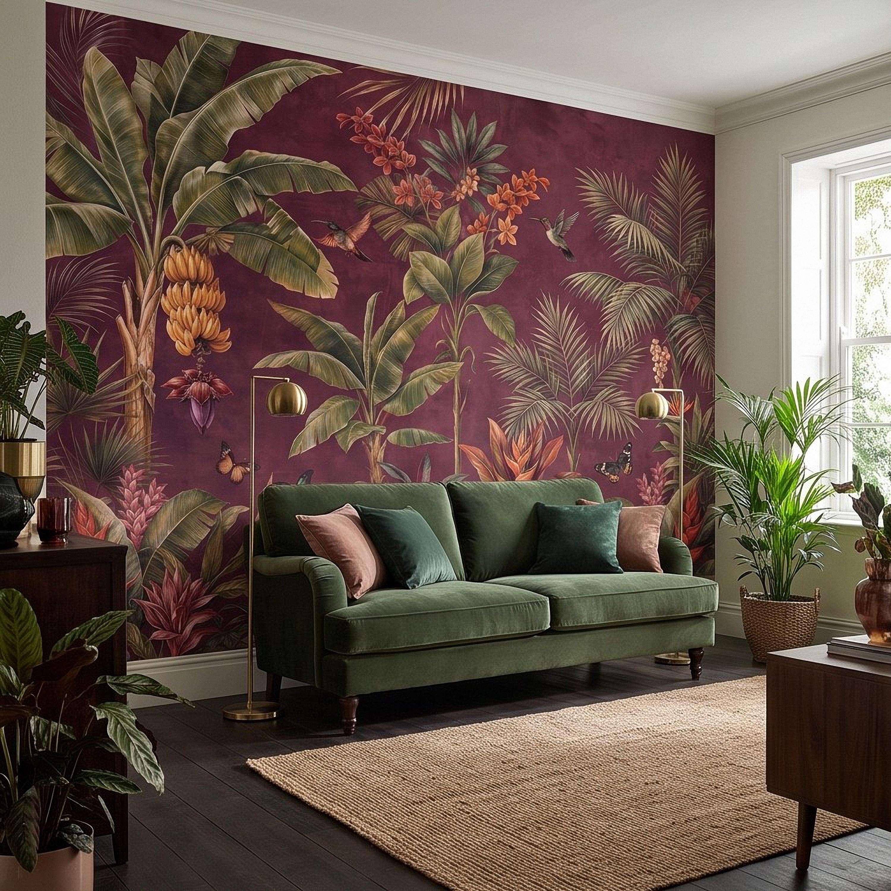 Tropical Botanical Peel and Stick Wall Mural, Burgundy Banana Palm Trees Birds Butterflies Exotic Floral Jungle Wallpaper