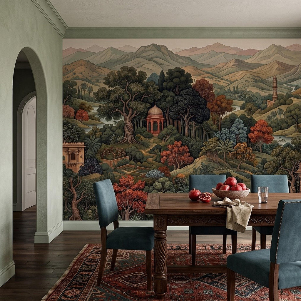 Indian Garden Peel and Stick Wall Mural, Vintage Mountain Landscape Botanical Forest Mughal Inspired Scenic Miniature Painting Wallpaper