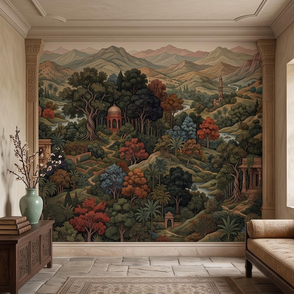 Indian Garden Peel and Stick Wall Mural, Vintage Mountain Landscape Botanical Forest Mughal Inspired Scenic Miniature Painting Wallpaper