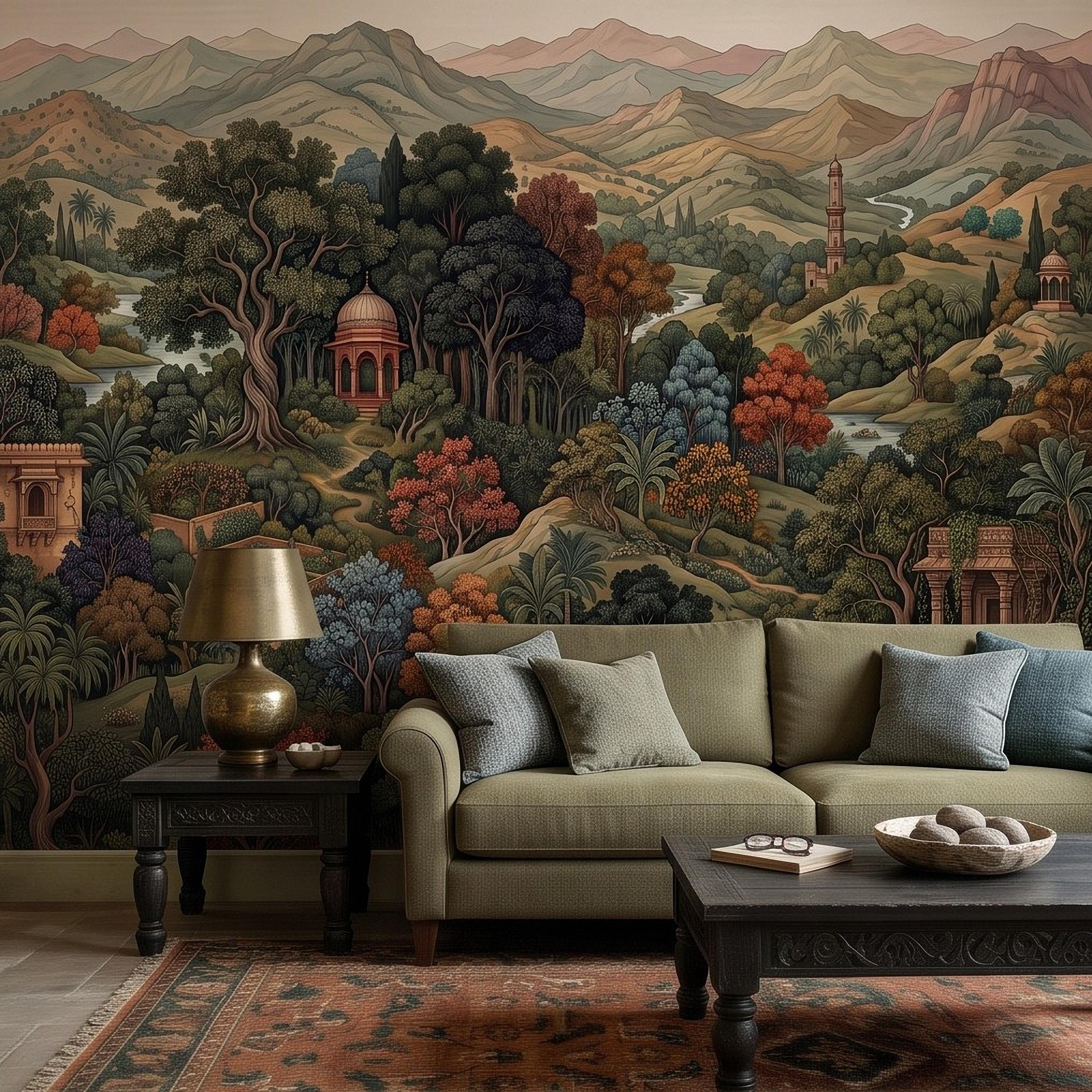 Indian Garden Peel and Stick Wall Mural, Vintage Mountain Landscape Botanical Forest Mughal Inspired Scenic Miniature Painting Wallpaper
