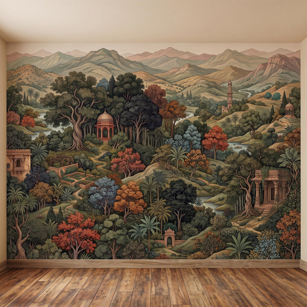 Indian Garden Peel and Stick Wall Mural, Vintage Mountain Landscape Botanical Forest Mughal Inspired Scenic Miniature Painting Wallpaper