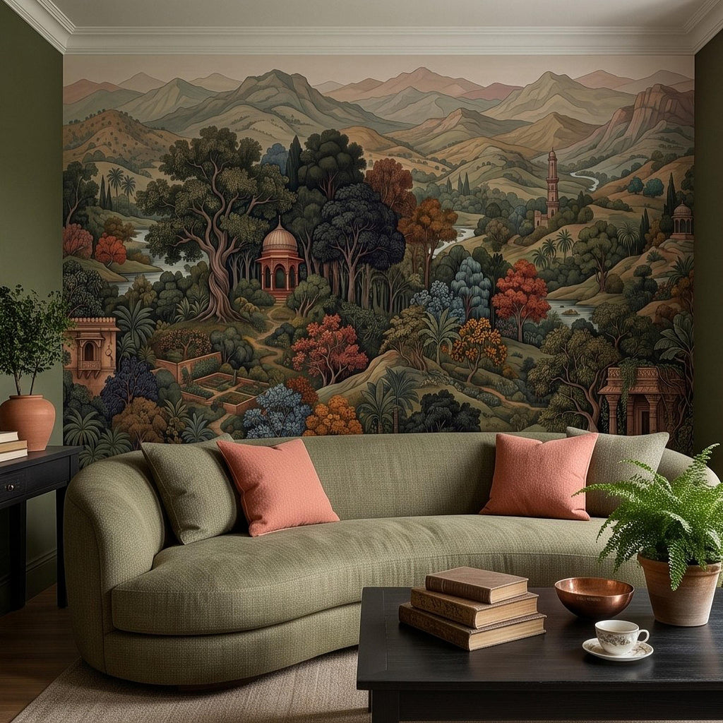 Indian Garden Peel and Stick Wall Mural, Vintage Mountain Landscape Botanical Forest Mughal Inspired Scenic Miniature Painting Wallpaper