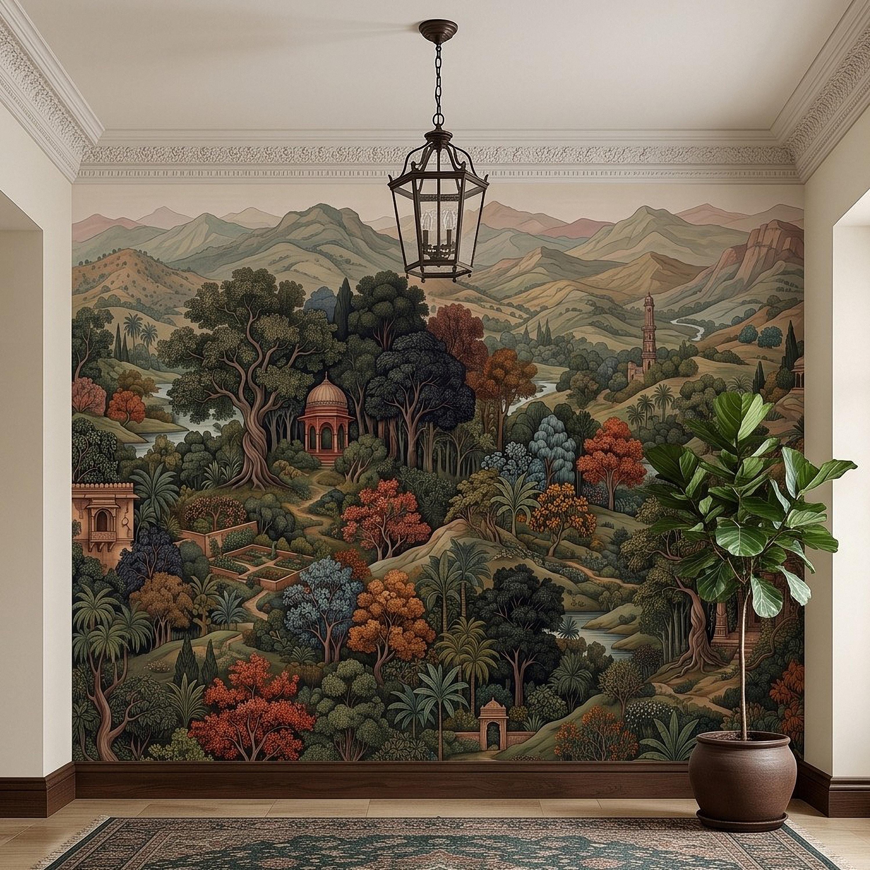 Indian Garden Peel and Stick Wall Mural, Vintage Mountain Landscape Botanical Forest Mughal Inspired Scenic Miniature Painting Wallpaper