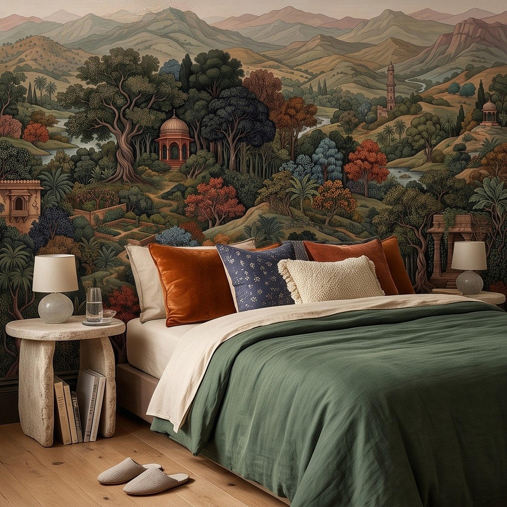 Indian Garden Peel and Stick Wall Mural, Vintage Mountain Landscape Botanical Forest Mughal Inspired Scenic Miniature Painting Wallpaper