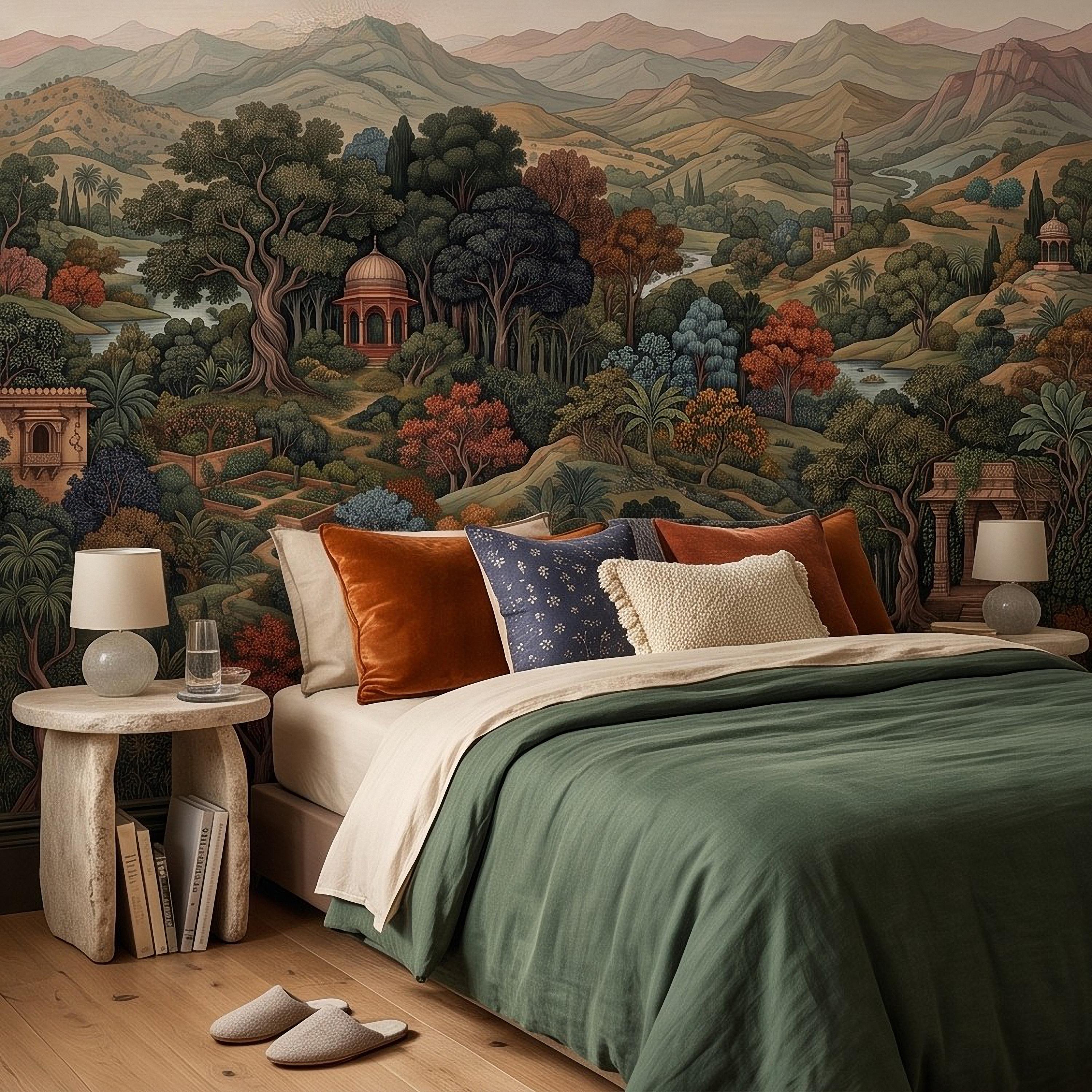 Indian Garden Peel and Stick Wall Mural, Vintage Mountain Landscape Botanical Forest Mughal Inspired Scenic Miniature Painting Wallpaper