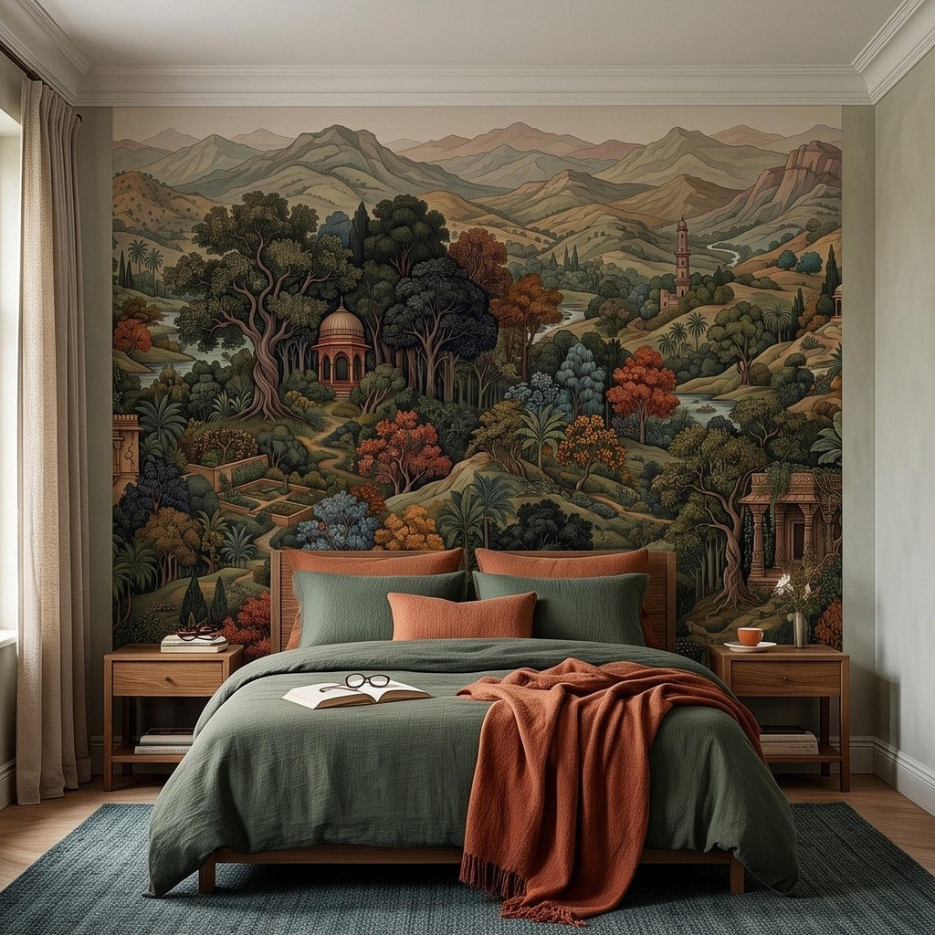 Indian Garden Peel and Stick Wall Mural, Vintage Mountain Landscape Botanical Forest Mughal Inspired Scenic Miniature Painting Wallpaper
